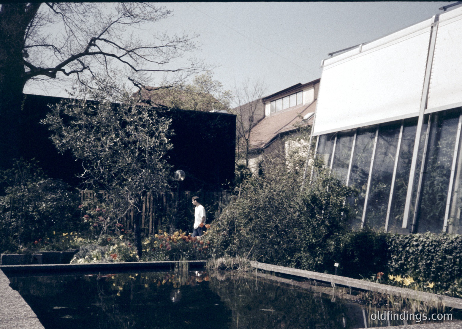 Mid-century modern courtyard with reflective water feature, surrounded by sleek concrete walls and glass-paneled structures. A lone figure in a white coat tends to potted plants near a small fountain. Architectural style suggests institutional or educational use, likely from the 1960s-1970s.