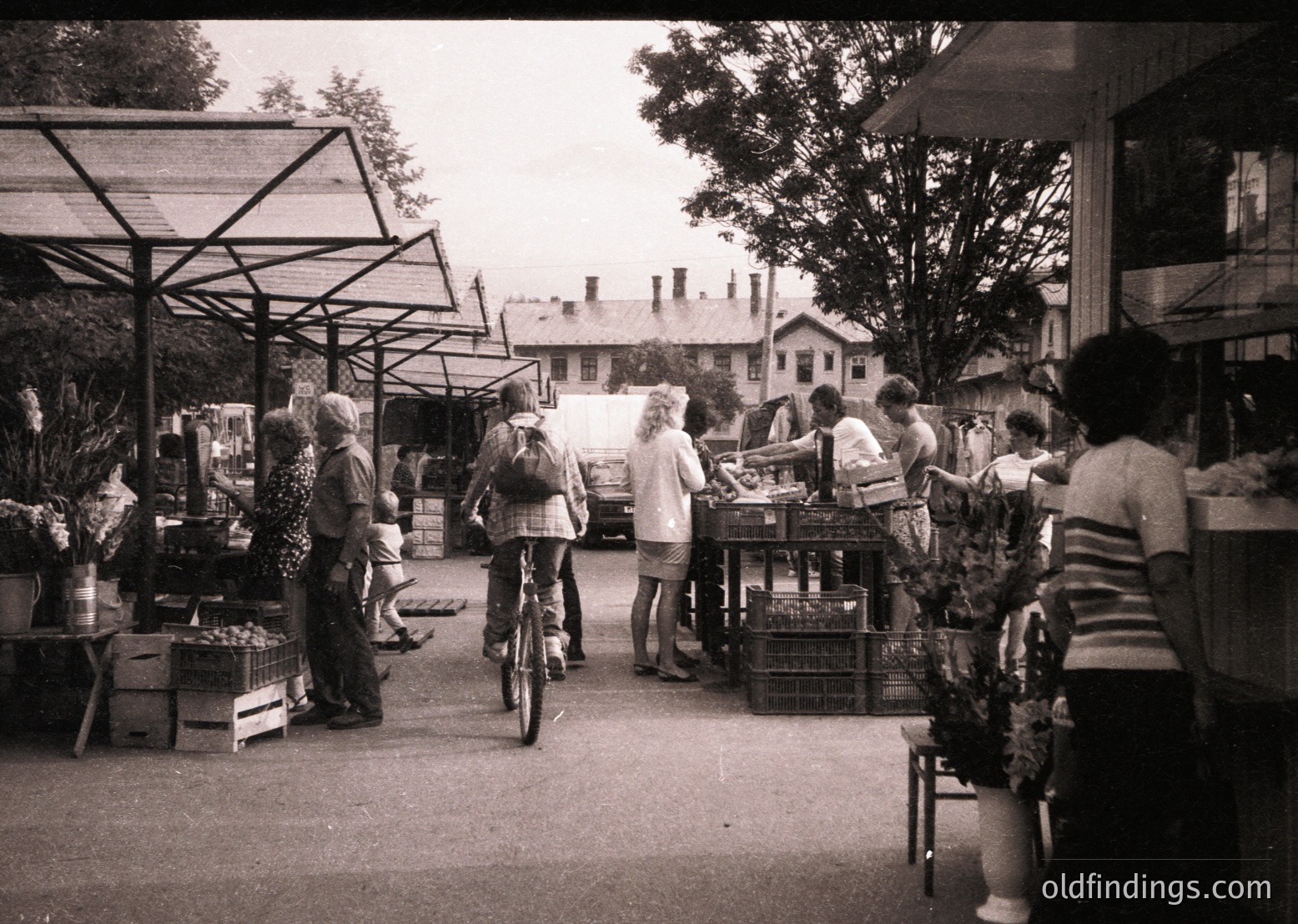 Vintage black-and-white street market scene with wooden stalls displaying fresh produce, baskets, and crates. People in 1970s-era clothing—plaid shirts, hats, and headscarves—browse or shop. A cyclist rides through the open-air market. Residential buildings and trees frame the scene.