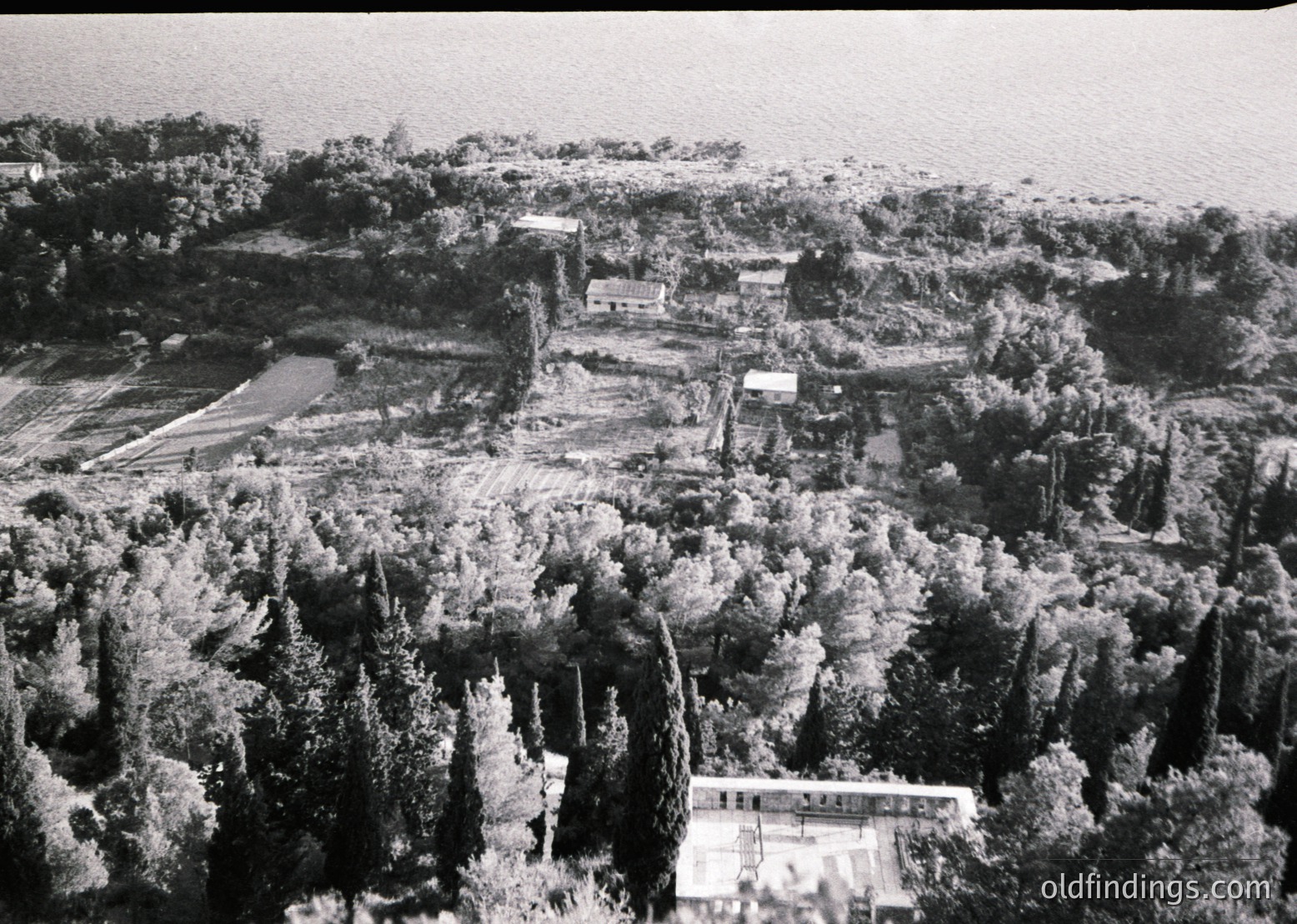 Aerial view of a rural settlement surrounded by dense forest, likely mid-20th century. Clustered houses, a central road, and a small bridge over a stream. Vegetation appears lush, indicating a temperate climate.