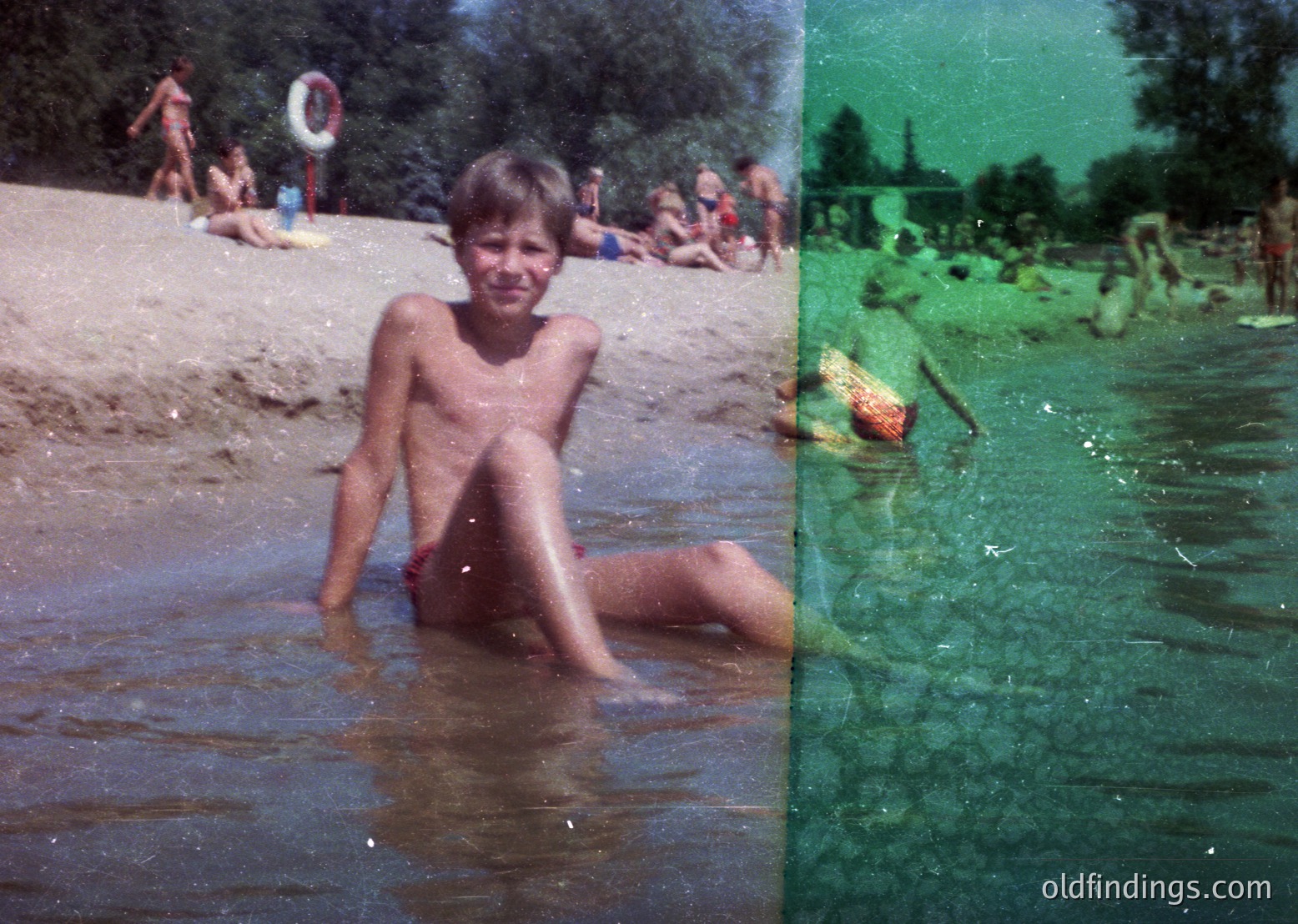 Vintage split-image of a beach scene, likely 1960s–1980s. Left: Boy squatting in shallow water, sandy shore with lifeguard tower and swimmers in background. Right: Green-tinted shot of swimmers in deeper water, trees lining shore.