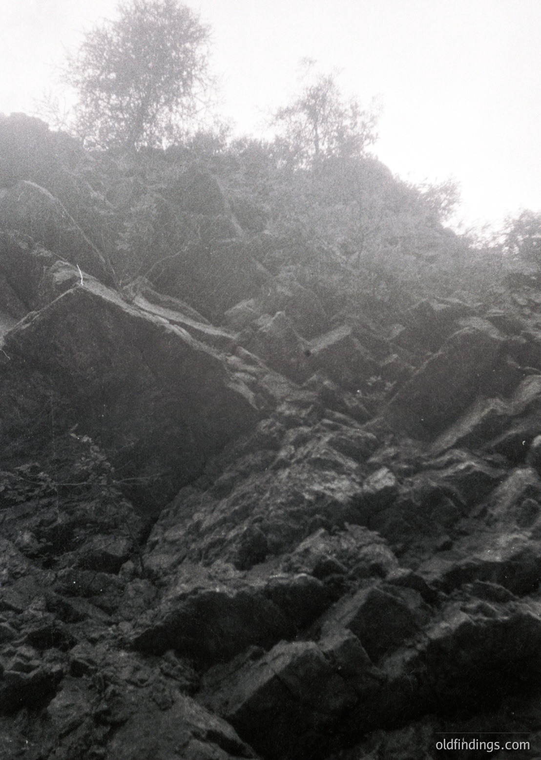 Misty volcanic terrain with jagged lava rock formations and sparse vegetation. High-contrast monochrome captures rugged textures and atmospheric haze. Likely a volcanic crater or lava field.