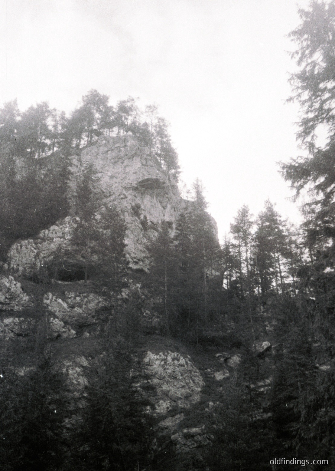 Misty alpine rock formation surrounded by dense coniferous forest, captured in monochrome. The rugged cliff face and vertical pine trees create a dramatic natural composition. Likely European alpine region, mid-20th century photographic style.