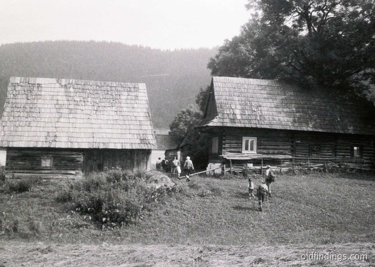 Traditional log cabins with steep shingle roofs in a rural, misty valley. Two people and a horse-drawn cart in foreground. Likely Eastern European countryside, mid-20th century.