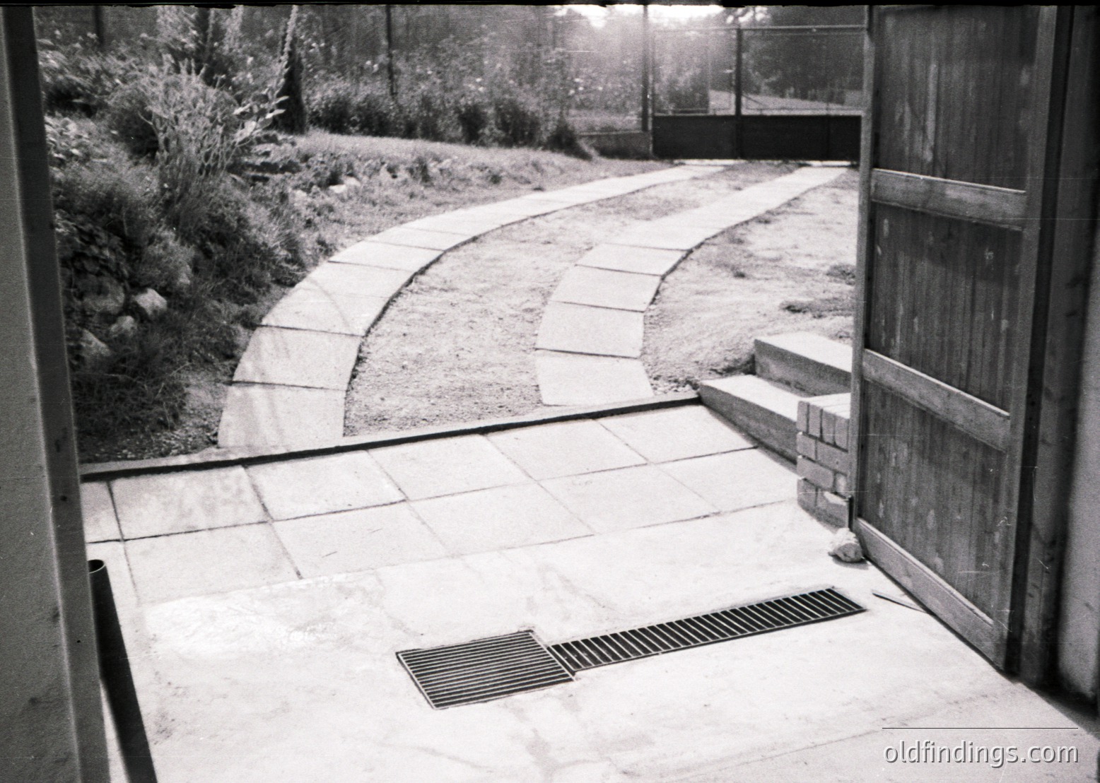Mid-century modern courtyard with curved stone pathway and tiled floor, framed by concrete walls. Minimalist drainage grate in foreground. Overgrown greenery contrasts with geometric design, suggesting a private residential or institutional setting. Likely 1950s–1970s architecture.