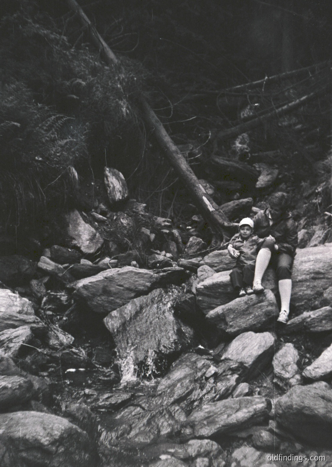Mid-century black-and-white photo of a lone woman in a sleeveless dress and stockings navigating rocky terrain, likely a hiking trail. Her posture suggests determination amid rugged alpine scenery with fallen trees and boulders. Style evokes 1950s–1960s outdoor adventure.