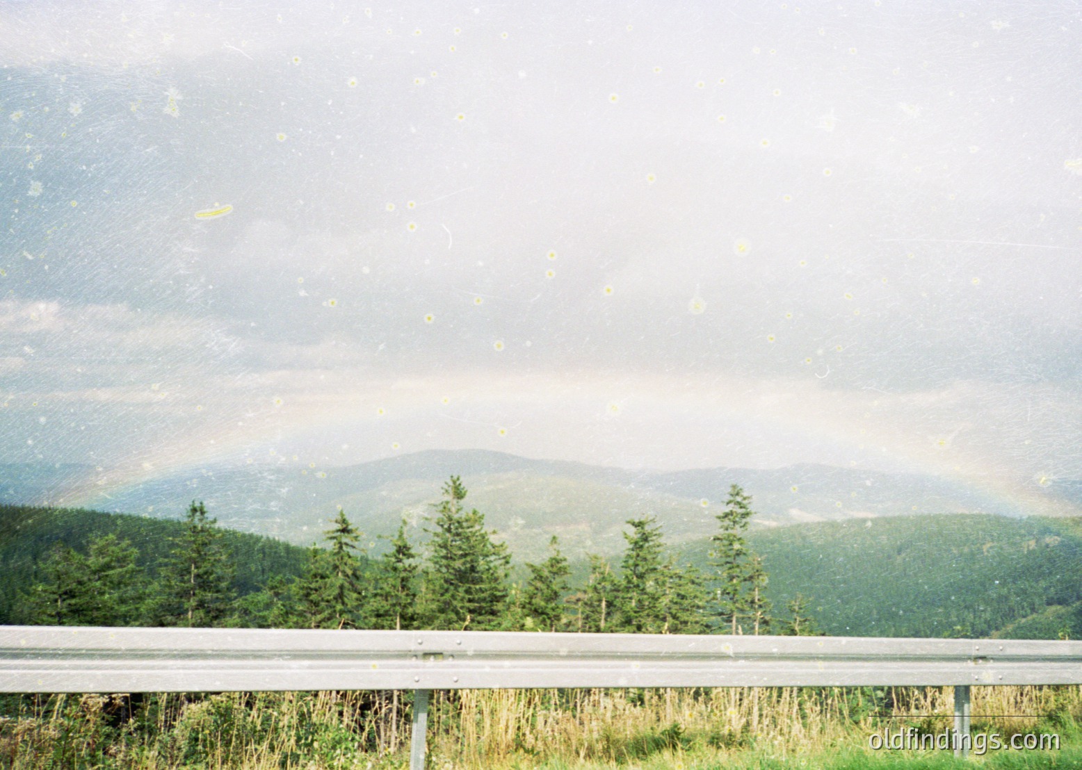 Vintage-style shot of misty mountain range framed by a rustic metal railing. Dense coniferous forest dominates the lower slopes under an overcast sky. Soft focus and slight grain suggest analog photography, likely 1980s–1990s. Ideal for nature, travel, or nostalgic design references.