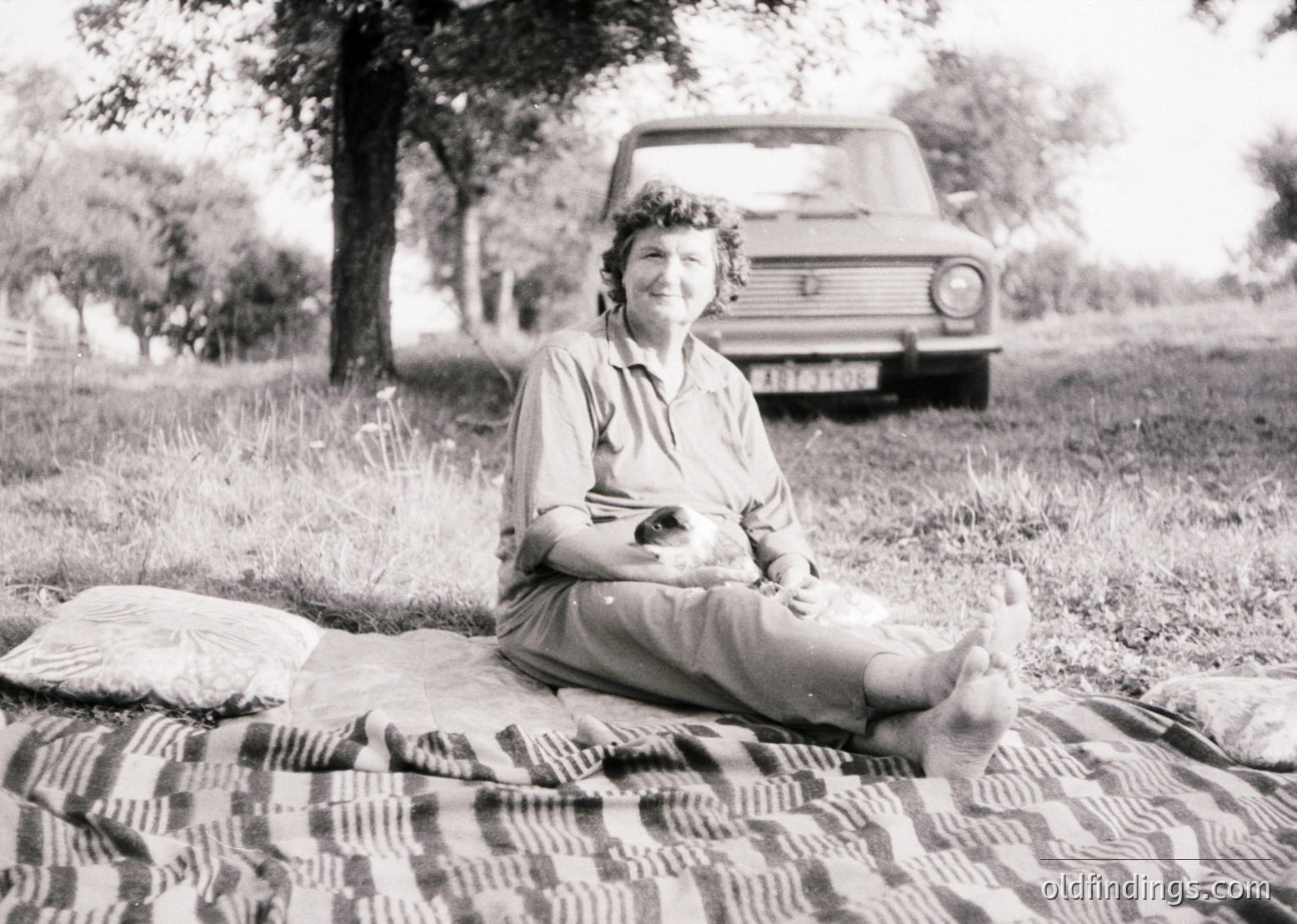 Mid-century outdoor portrait: Woman seated on striped picnic blanket, holding a small dog, with a vintage van in background. Likely 1960s–1970s European countryside.