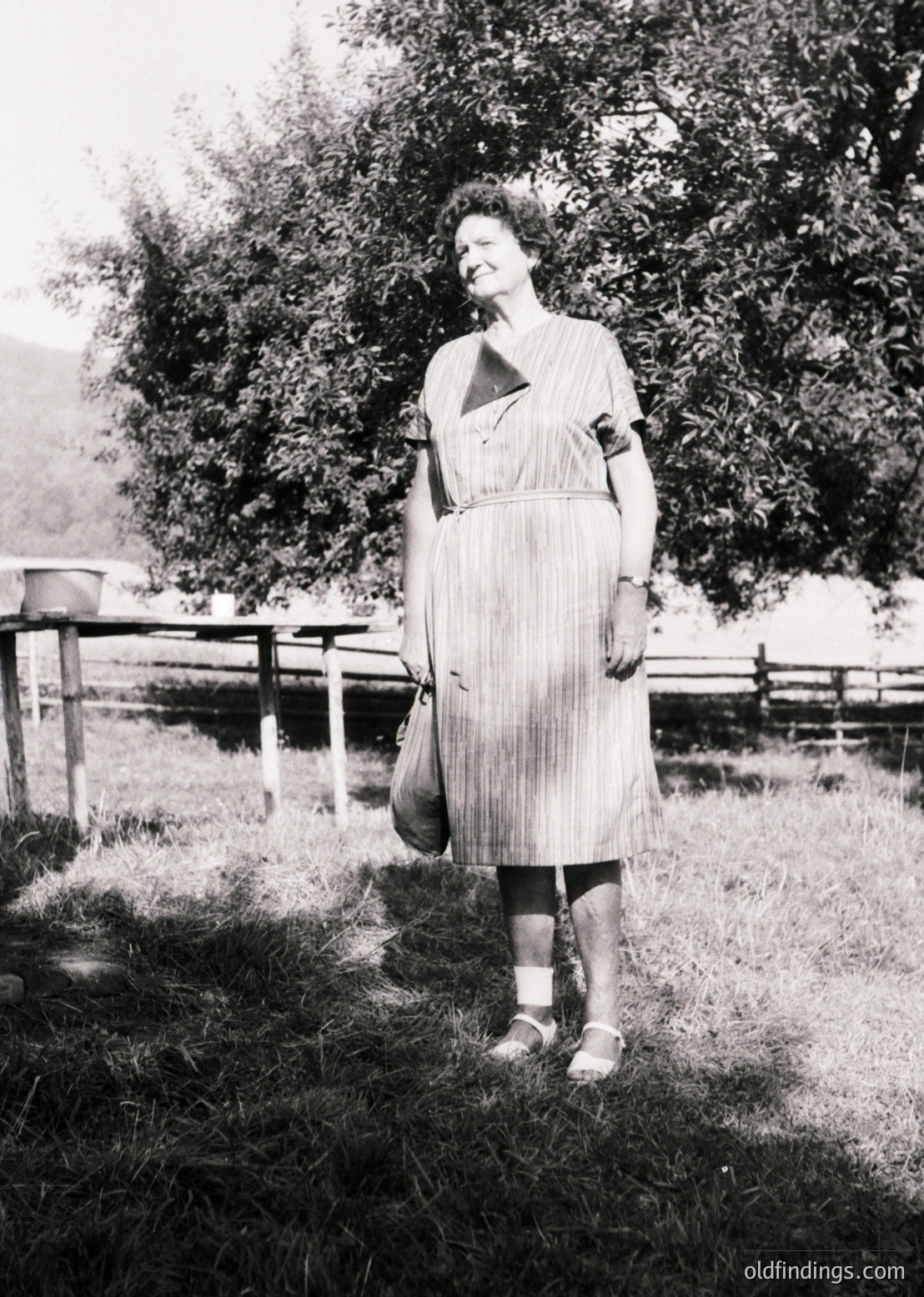 Mid-century outdoor portrait of woman in a striped, knee-length dress with a geometric collar, standing on grass beside a wooden fence. Rural or suburban setting with trees and open land in background. Likely 1950s–1960s fashion.