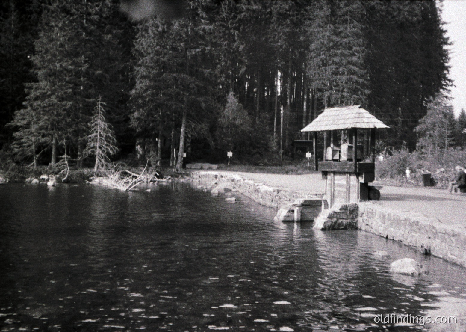 Mid-20th century lakeside pavilion beside a calm water body, surrounded by dense coniferous forest. Stone steps lead to a small wooden structure with a sloped roof, likely a rest area or lifeguard station. Pathway and rocks frame the scene, suggesting a public park or resort setting.