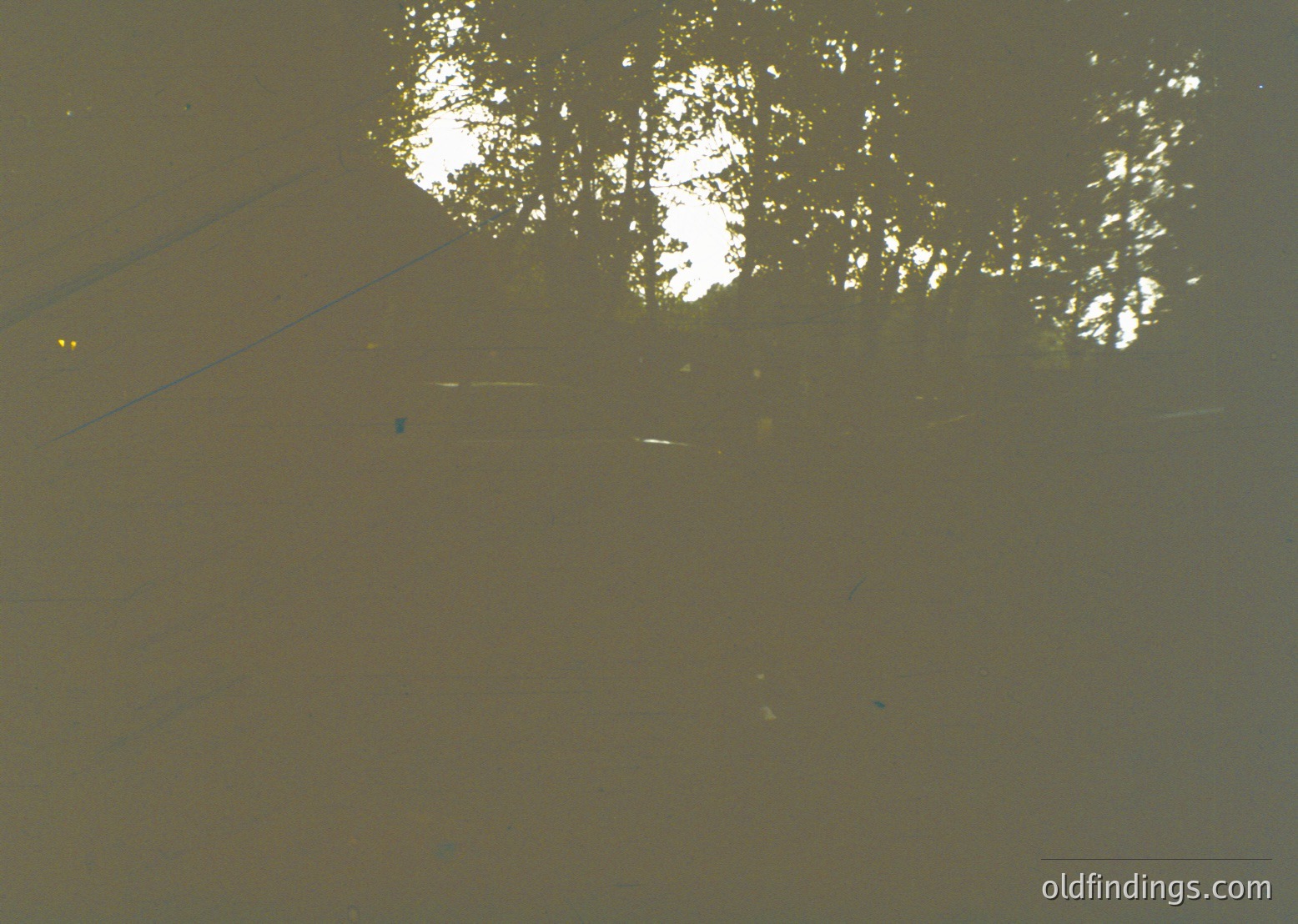 Aerial view of shallow, murky water reflecting sparse tree foliage. Likely a river or lakebed with low water levels, exposing sediment. Distinctive diagonal lines suggest boat trails or shallow currents.
