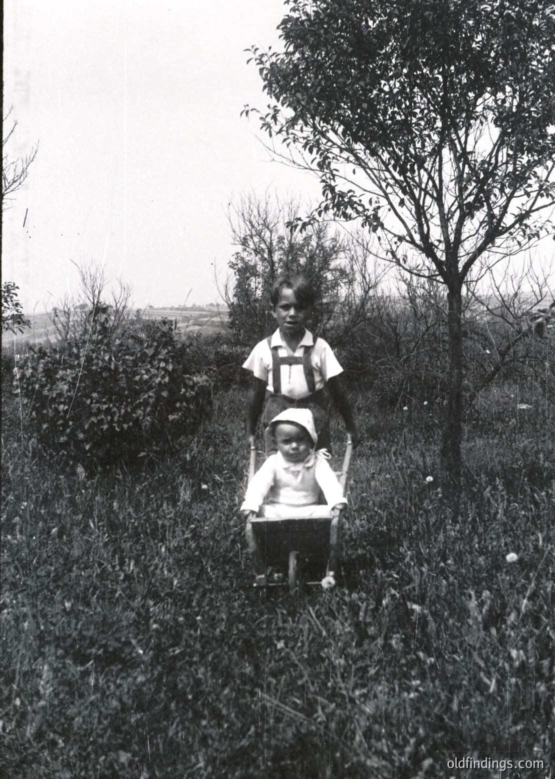 Mid-20th century black-and-white photo of two children in rural outdoor setting. Older child pushes a baby buggy with younger sibling seated, surrounded by overgrown grass and trees. Clothing suggests 1950s-1960s era.