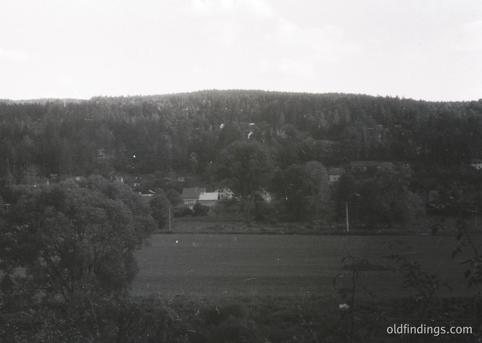 Rural landscape featuring dense forested hills in the background with scattered residential buildings and open fields below. Black-and-white monochrome suggests mid-20th century. Likely Eastern European countryside, possibly .