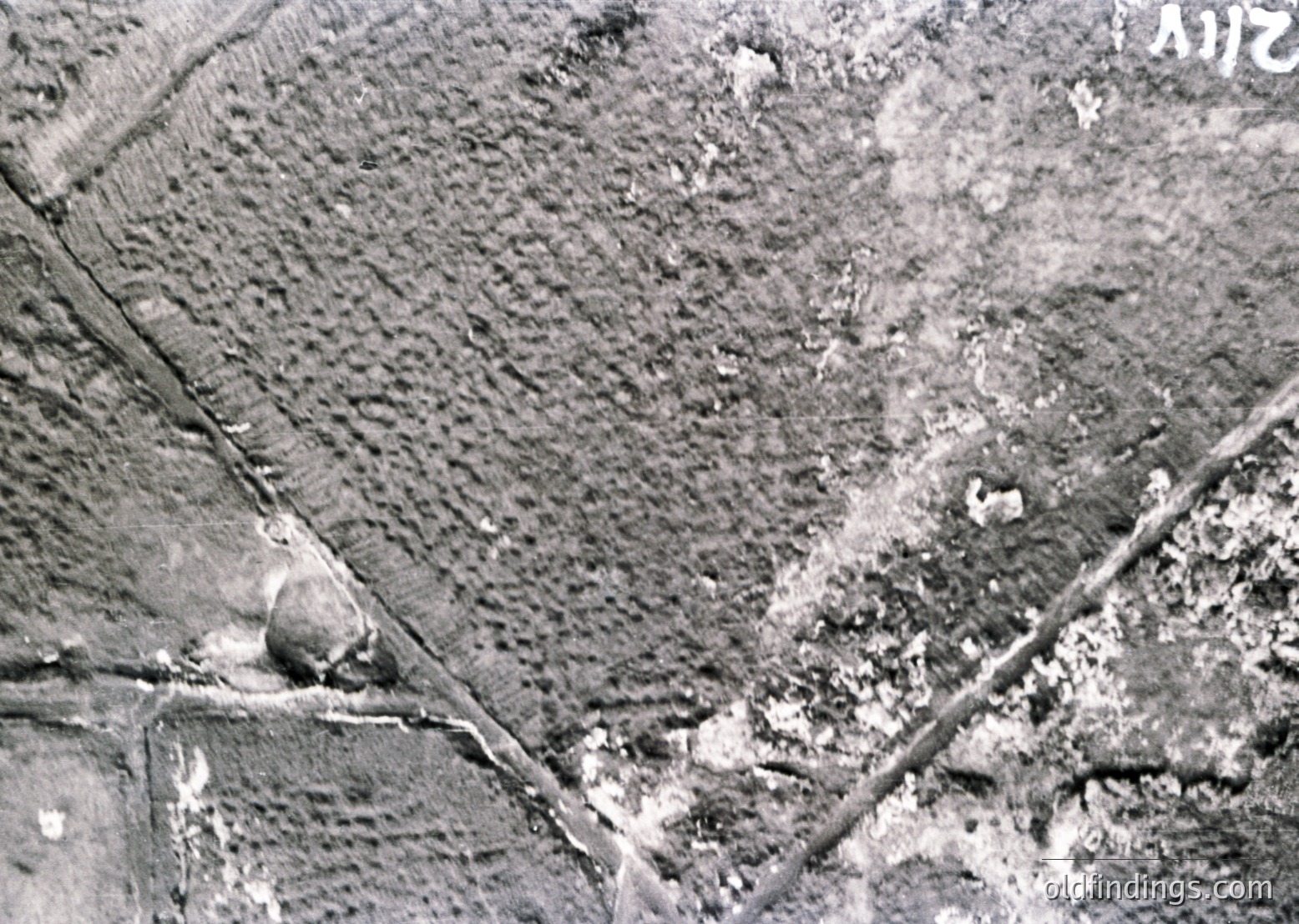 Aerial black-and-white photo of agricultural land divided by straight field borders, likely post-WWII. Noticeable erosion and uneven terrain in lower right quadrant.