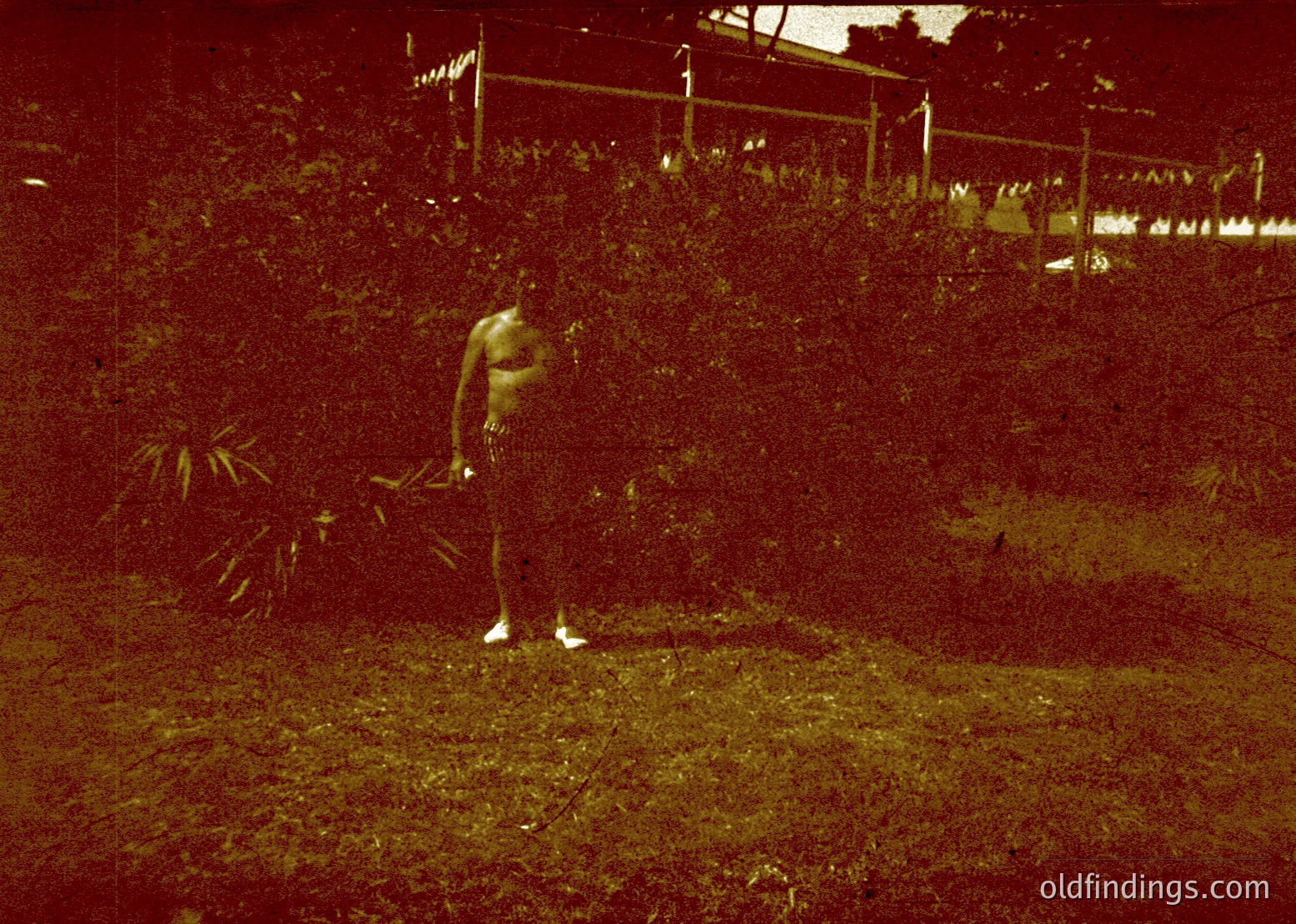 Vintage sepia-toned photo of a person mid-jump in a grassy area, surrounded by dense foliage. The individual wears a sleeveless top and knee-high socks, suggesting mid-20th century fashion. Fence and distant trees indicate an outdoor, possibly park-like setting. Ideal for historical or nostalgic visuals.