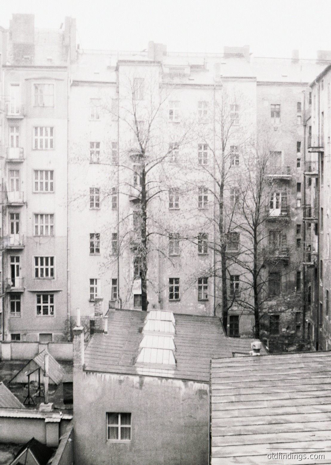 Mid-century urban courtyard with Soviet-era apartment blocks, featuring symmetrical window alignments and flat roofs. Bare winter trees frame a central staircase leading upward. Foreground shows weathered rooftops and chimneys, hinting at functional, utilitarian design.