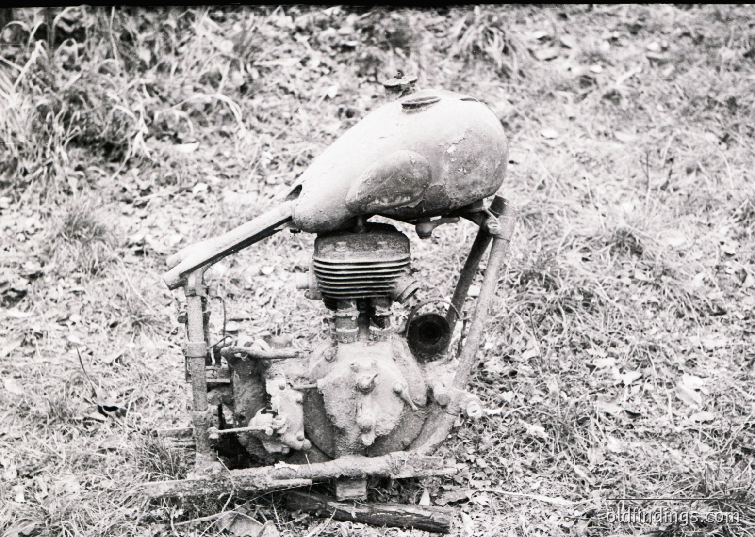 Vintage lawnmower engine with exposed cylinder and carburetor, set in overgrown grass. Likely mid-20th century agricultural equipment, showcasing mechanical simplicity and rustic design.