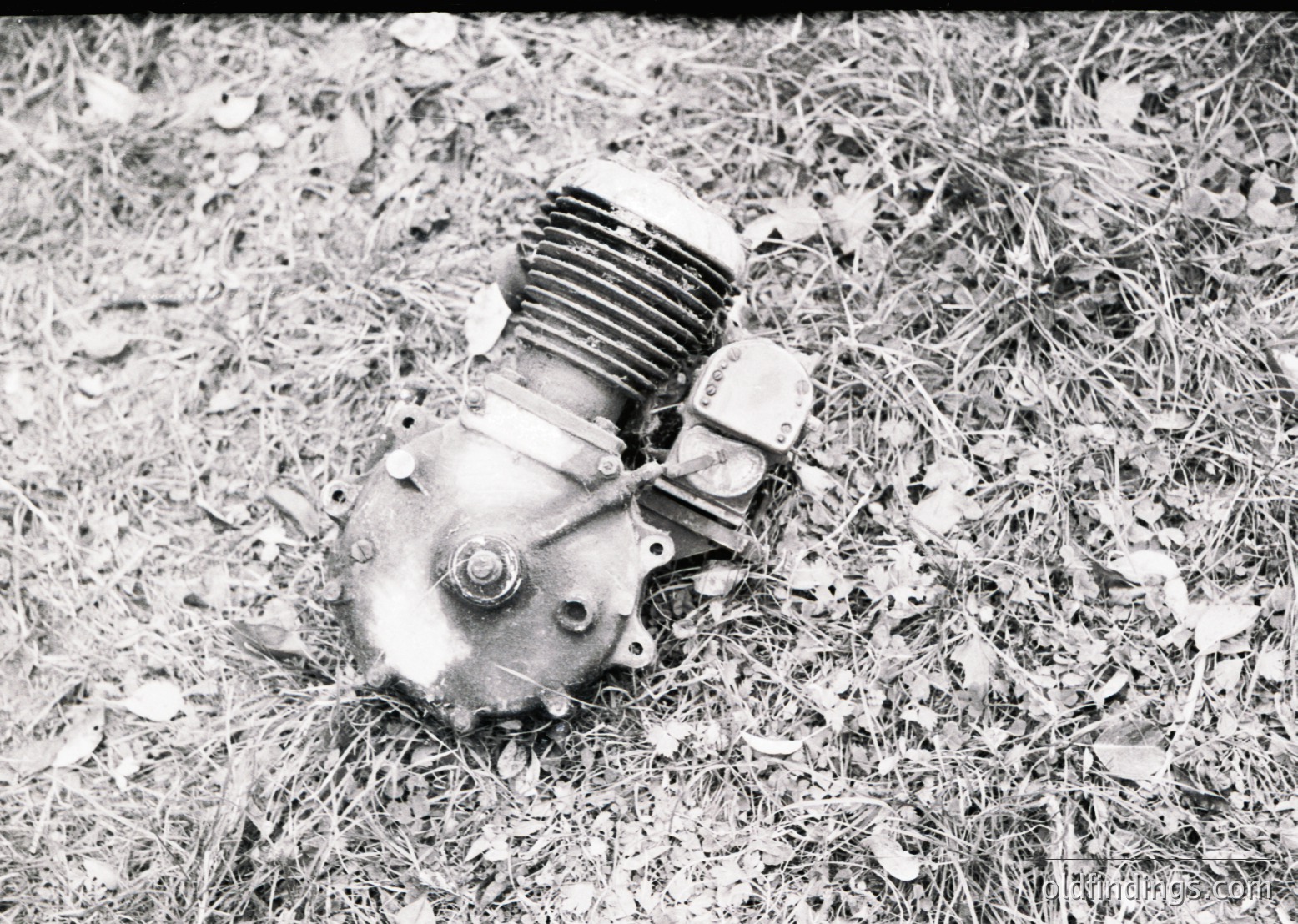 Vintage single-cylinder motorcycle engine in grassy outdoor setting, likely mid-20th century. Rust and wear suggest prolonged exposure to elements. Classic finned cylinder and sidecar attachment points visible.