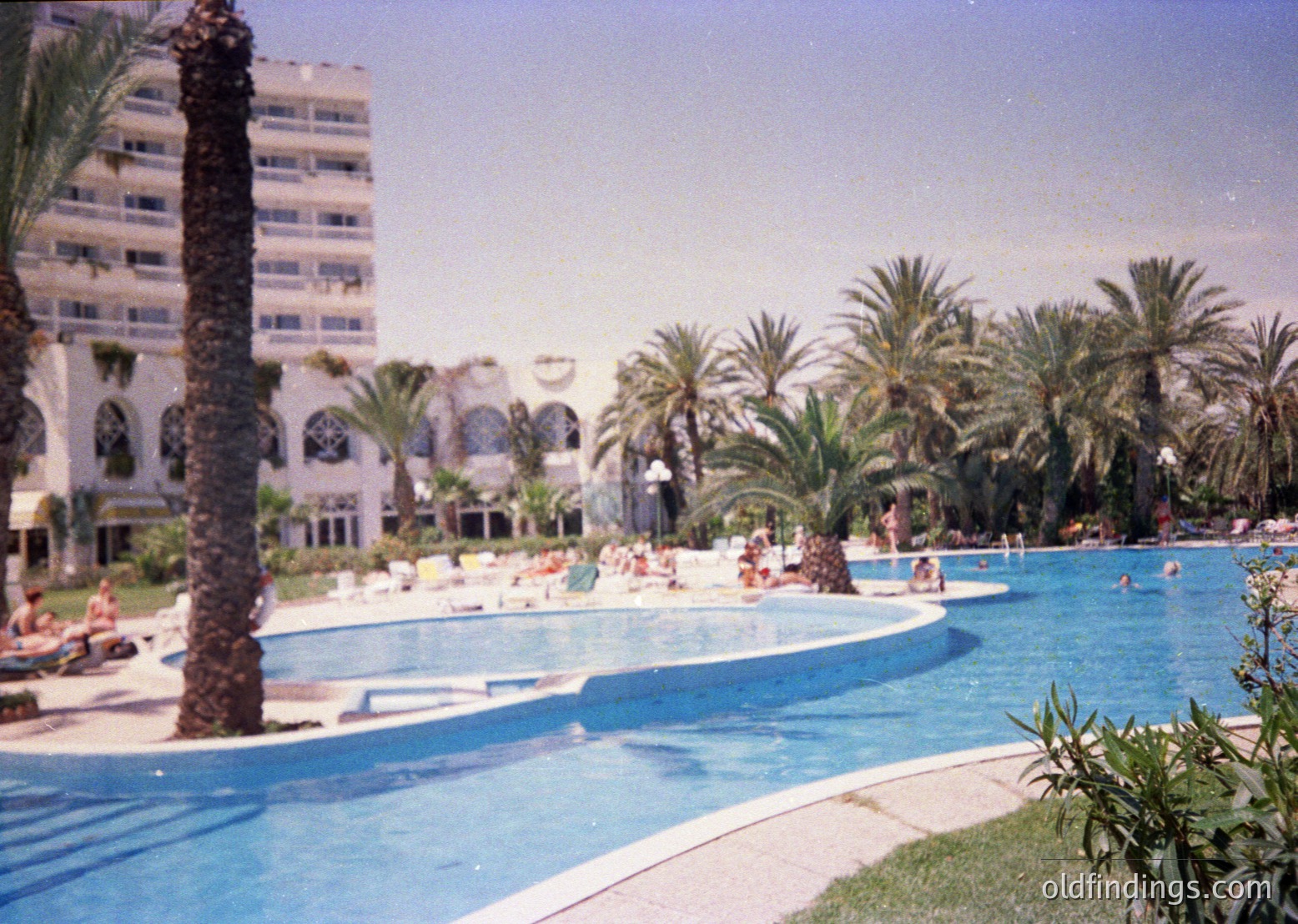 Mid-20th century seaside resort pool with palm-draped perimeter, sunbathers, and multi-story hotel in background. Architectural style suggests Mediterranean coastal influence, likely 1960s-70s. Vibrant blue pool contrasts with sandy beach and lush greenery.