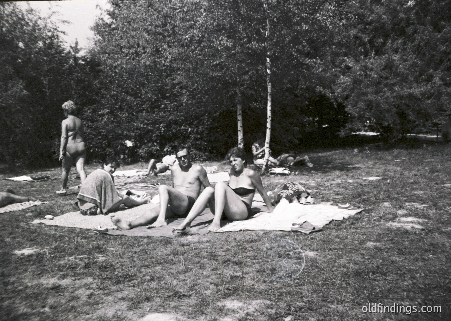 Mid-20th century beach scene: five individuals lounging on towels in a wooded area, likely 1950s–1960s. Minimalist swimwear and natural surroundings reflect post-war leisure culture.