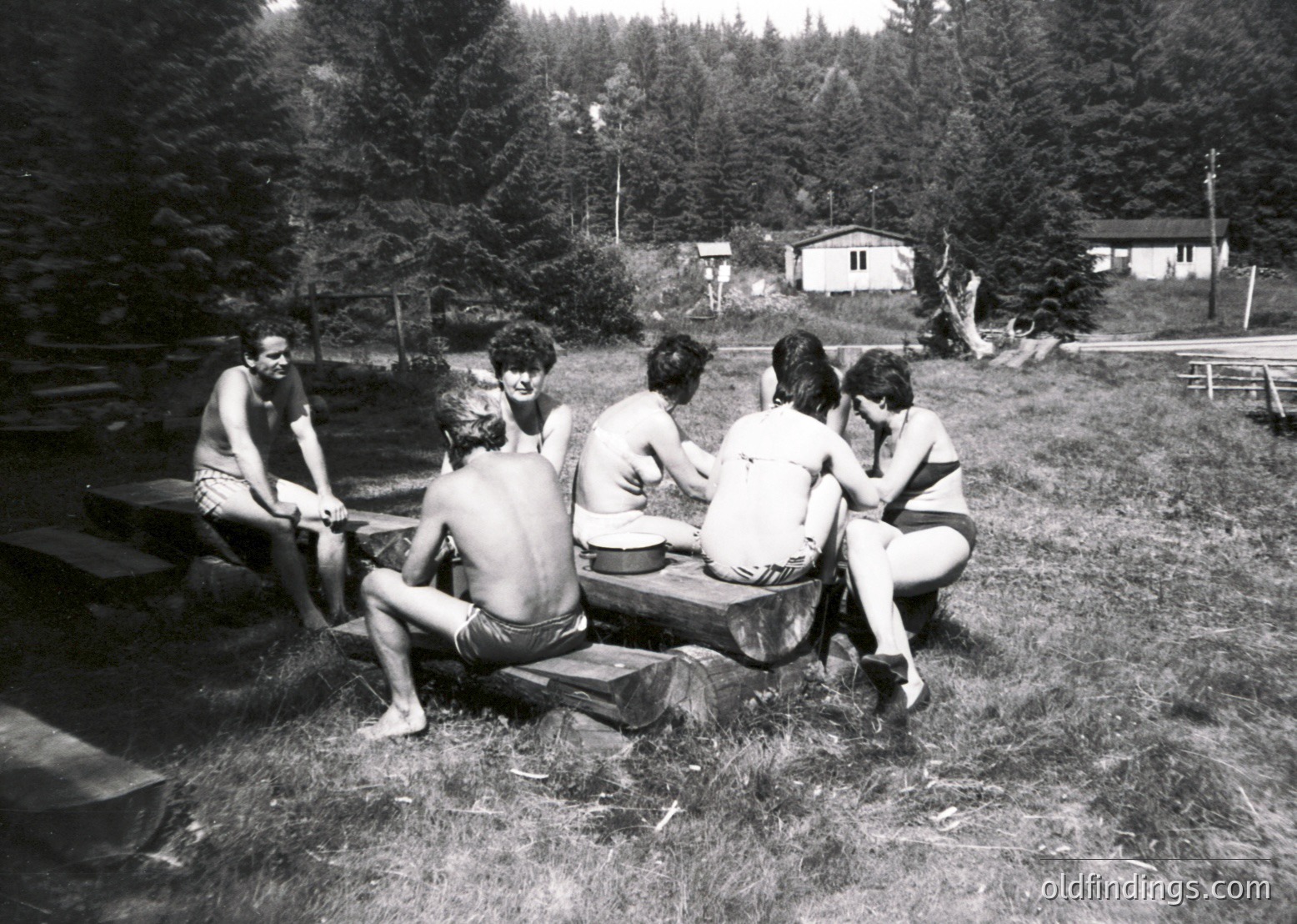 Six individuals in swimwear pose casually on a rustic wooden bench beside a forested lake, mid-20th century. Lush greenery and modest cabins frame the scene, suggesting a lakeside retreat or campground.