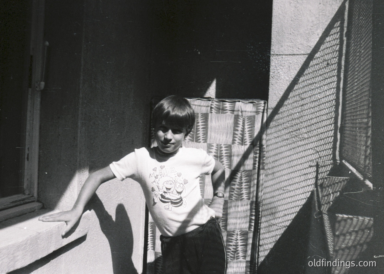 Young boy in 1970s-style short-sleeved shirt leans against a window ledge, framed by a mesh screen door. Indoor light casts shadows on brick wall and window sill. Urban residential setting, likely mid-century.