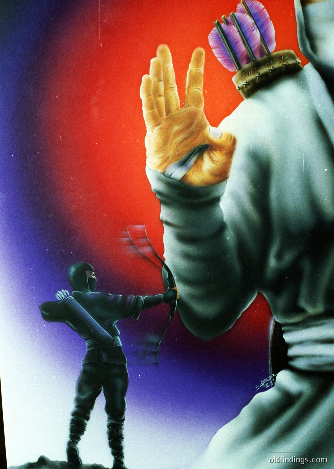 Vintage-style illustration of a knight in full armor raising a gloved hand, bow drawn with an arrow notched, against a dramatic red/purple sky. Silhouetted figure in the background holds a shield. Art deco-inspired, likely 1920s–1940s.