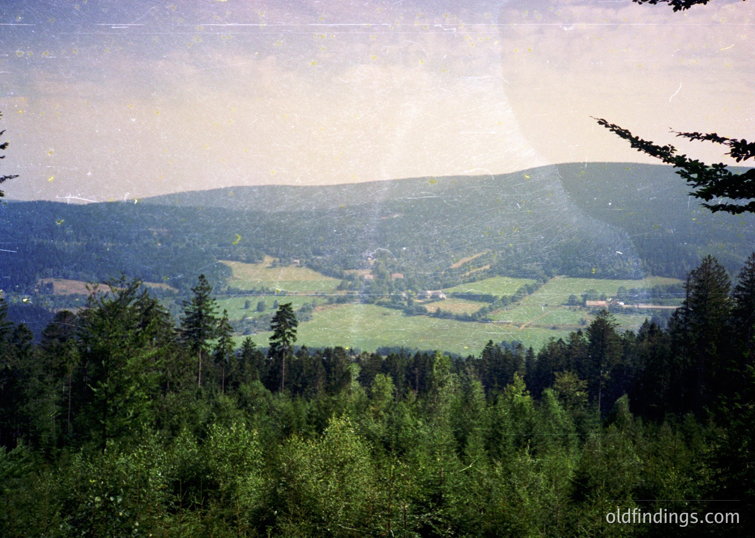 Vintage landscape shot of rolling hills and dense forest under soft, hazy skies. Green meadows and scattered trees dominate the midground, with a distant mountain ridge framing the horizon. Likely captured on color film in the mid-20th century.