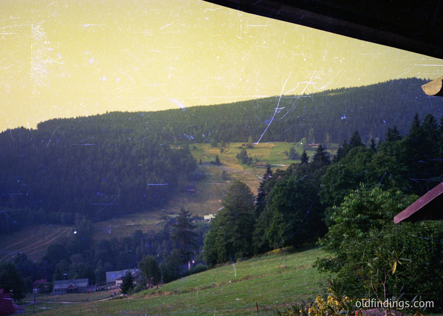 Vintage aerial view of forested valley with dense coniferous trees framing a central meadow. Yellowed edges suggest mid-20th century (1950s–1960s) photography. Rural landscape likely European, with scattered buildings and winding roads.