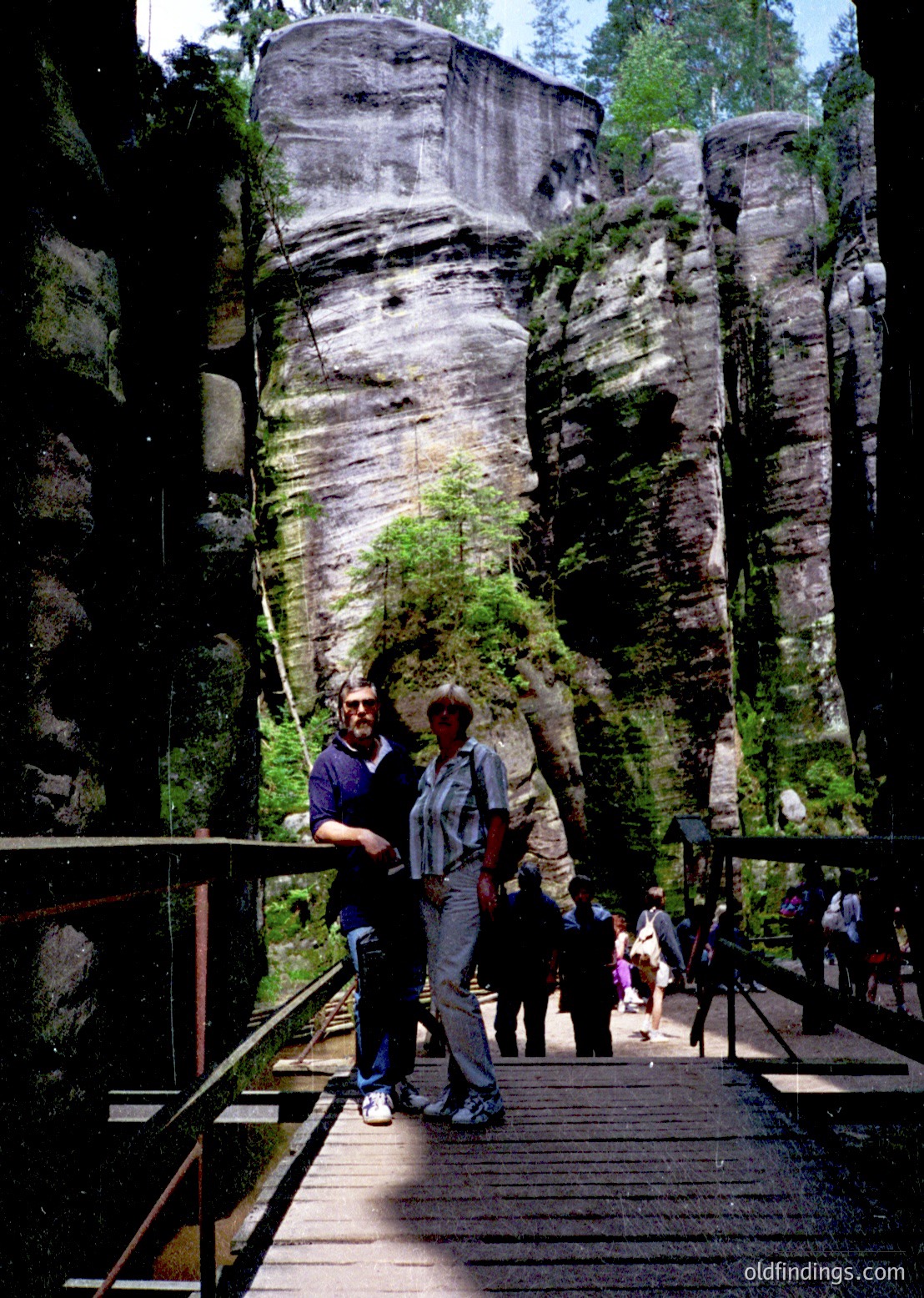 Two individuals pose on a wooden suspension bridge in a dramatic limestone canyon, framed by towering rock formations. The bridge’s metal railings and wooden planks contrast with the rugged cliffs. Lush greenery and trees fill the background, suggesting a forested area. Likely **Saxony Switzerland National Park, Germany** (, , , , )