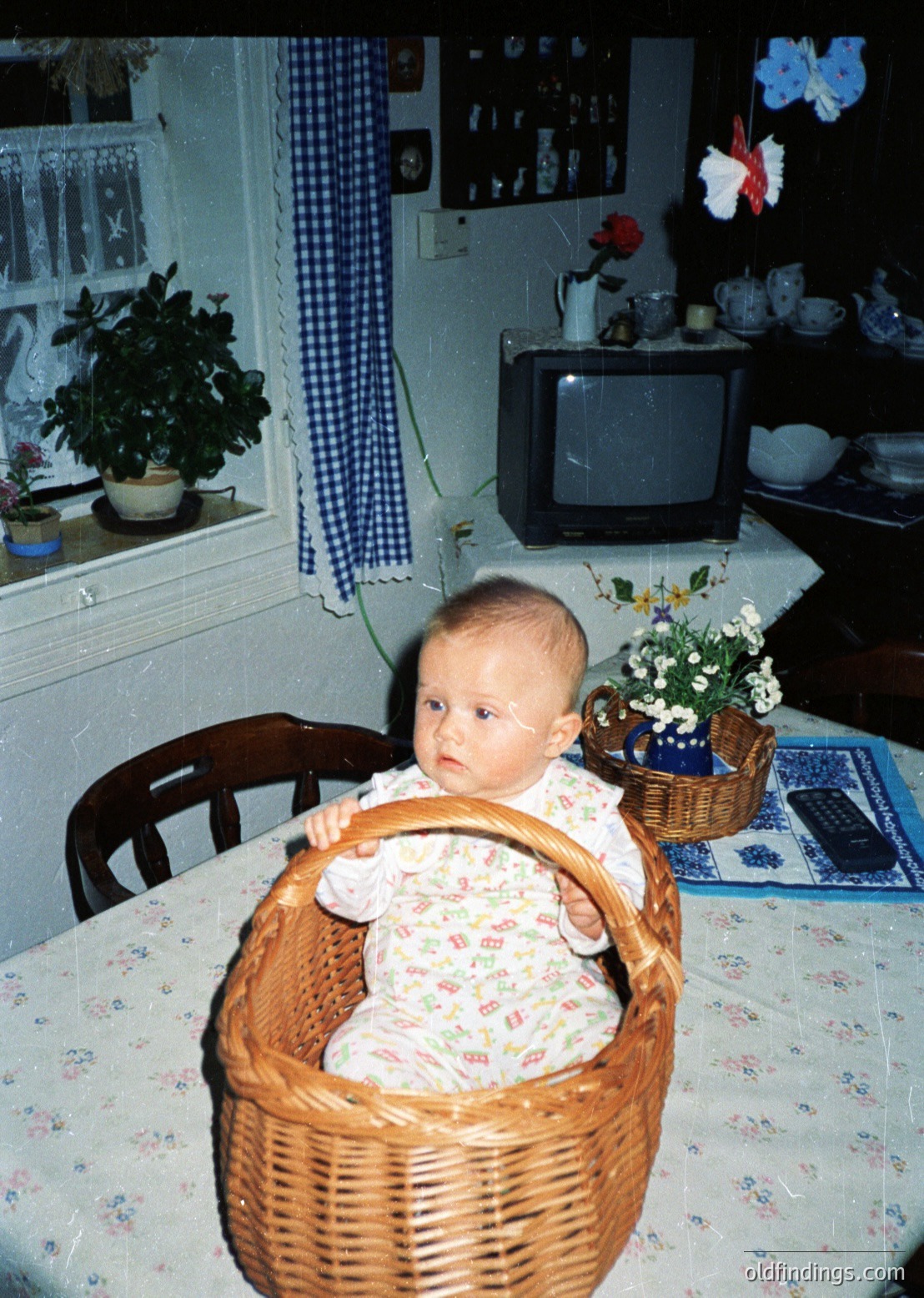 Vintage indoor scene featuring a baby in a woven basket on a floral-patterned table, surrounded by mid-century kitchen decor. Black-and-white TV, potted plant, and floral arrangements add nostalgic charm. Likely 1960s–1970s domestic setting.