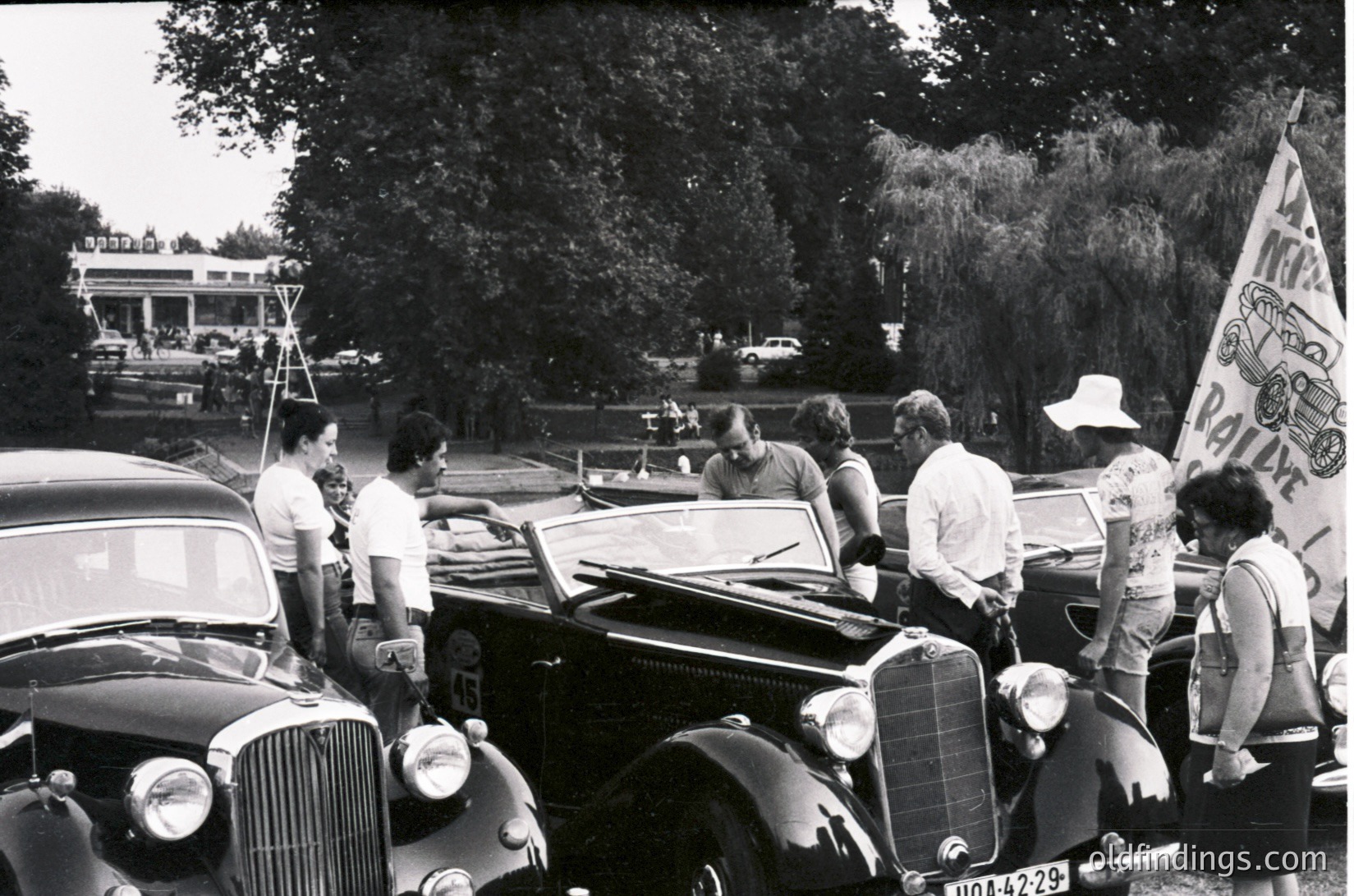 Vintage 1950s-60s gathering featuring classic cars and casual attire. A group of men and women pose near a vintage Mercedes-Benz 300 with a prominent grille and round headlights. One individual holds a flag with Cyrillic text. Lush greenery and a building with a balcony in the background suggest a park or public square setting.