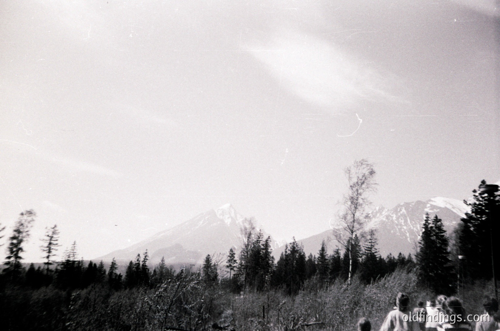 Vintage black-and-white alpine scene with snow-capped peaks and sparse forest. Group of people in foreground, likely mid-20th century outdoor excursion. Dramatic lighting suggests early photography techniques.