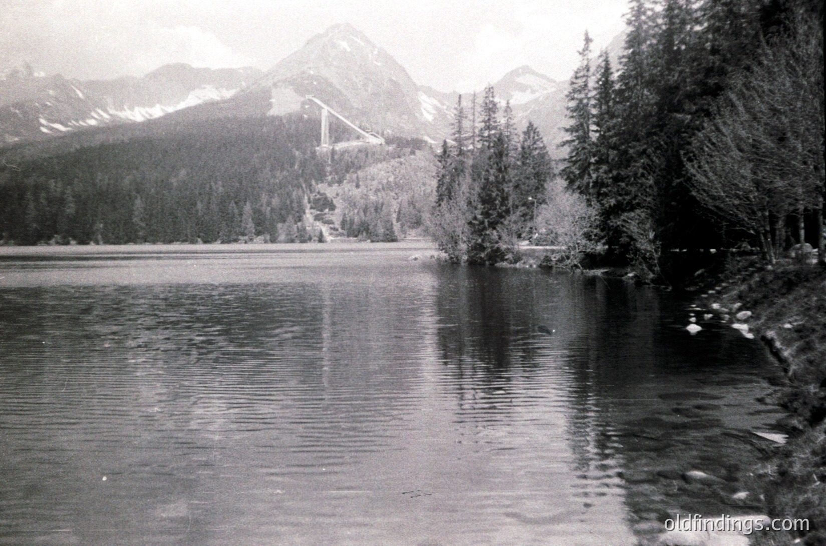 Vintage black-and-white shot of a serene alpine lake framed by dense coniferous forest. A suspension bridge spans the lake’s center, connecting forested shores. Snow-capped peaks rise in the background under overcast skies.