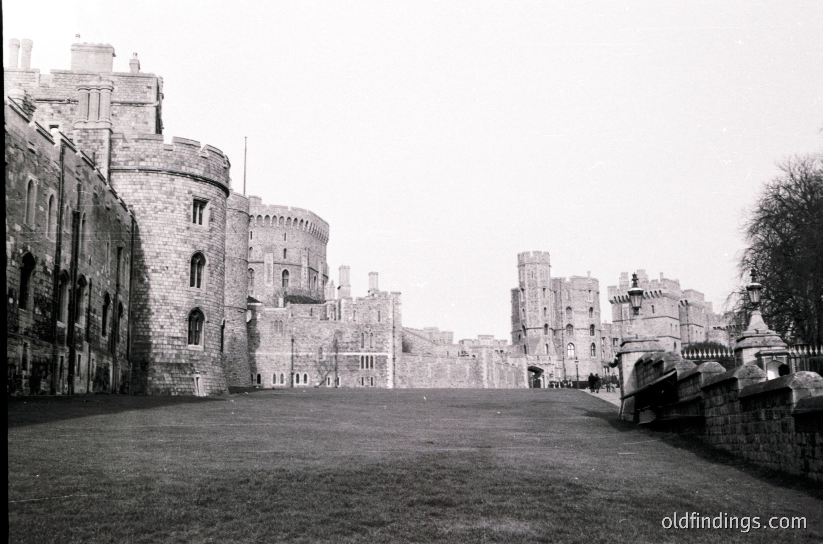 Historic stone fortress with medieval architecture—prominent towers, battlements, and arched windows. Likely Windsor Castle, UK, showcasing classic Tudor-era design. Overgrown grass and low-angle perspective emphasize scale.