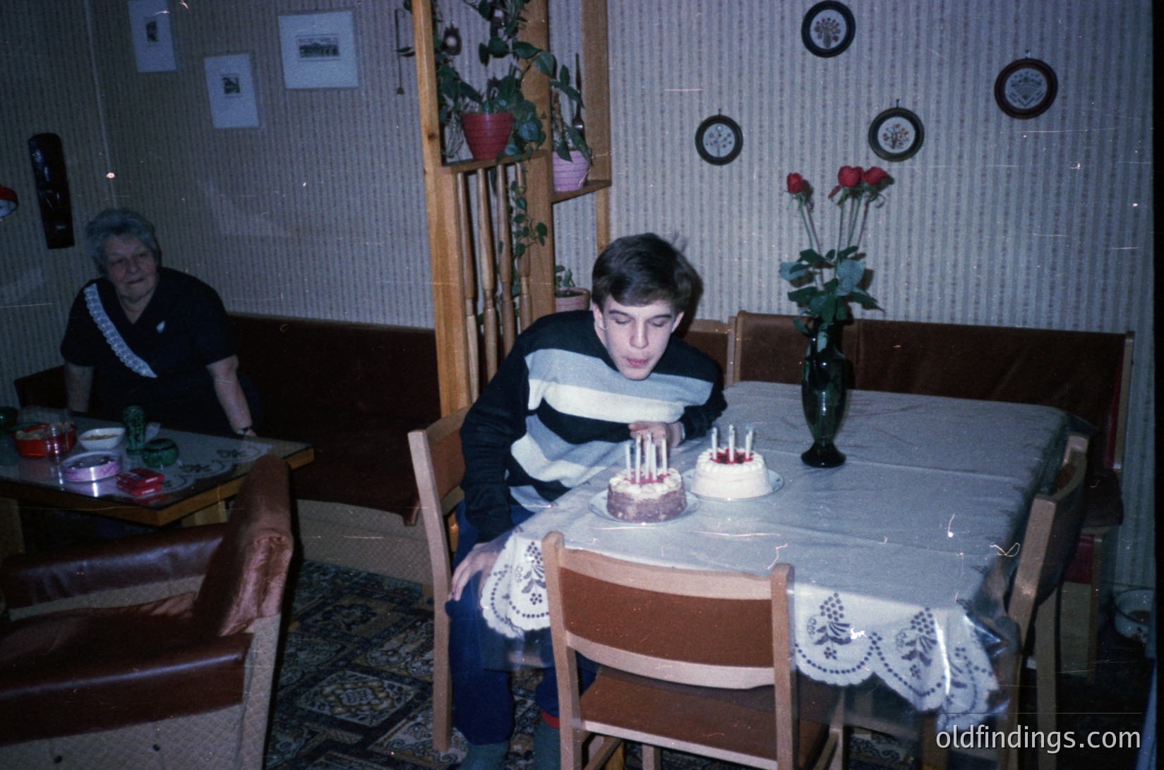 Vintage indoor birthday scene: boy blowing out candles on a round cake atop a wooden table, surrounded by floral lace tablecloths. Woman in sash stands behind him. Decor includes framed photos, potted plants, and red roses in a vase. Warm, intimate lighting suggests a 1970s-80s home setting.