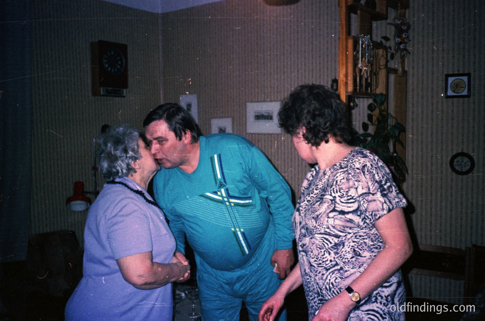 Vintage indoor scene featuring three adults in casual 1970s attire: a man in a teal track jacket, a woman in a patterned blouse, and an elderly woman in a purple top. Warm lighting highlights a cozy, lived-in living room with framed photos, a clock, and a potted plant.