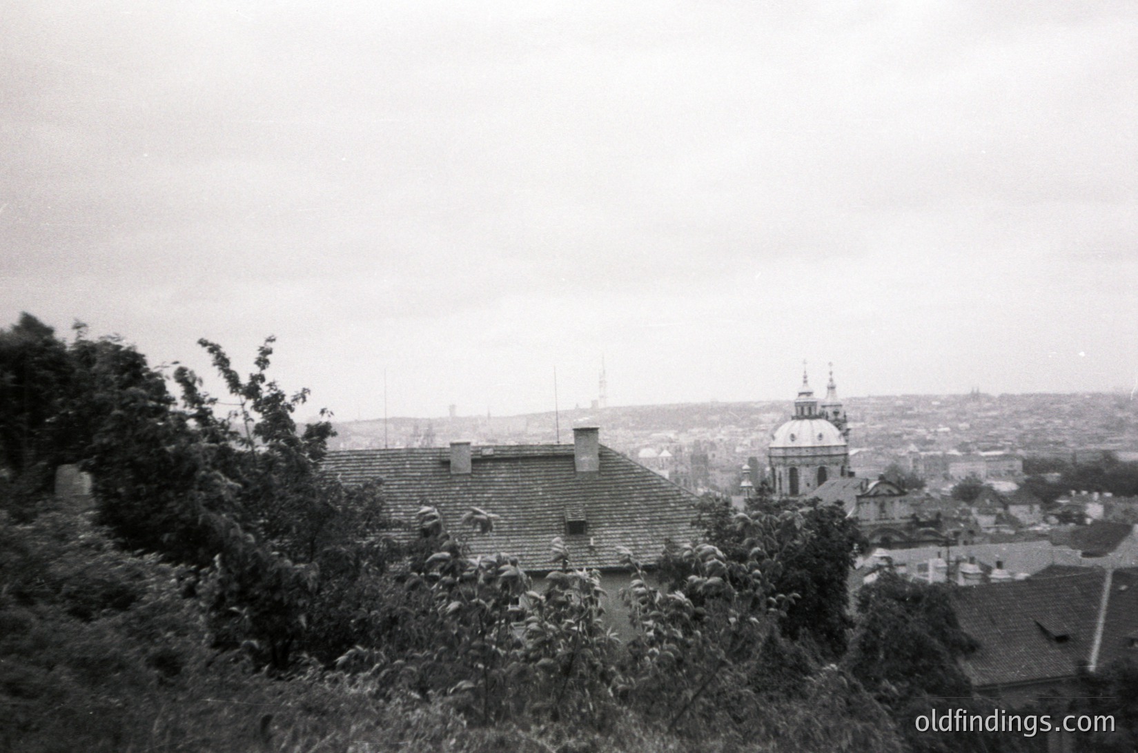Vintage black-and-white urban panorama featuring a domed church with a tall spire in the background, surrounded by low-rise buildings with tiled roofs. Dense foliage in the foreground obscures part of the scene. Likely Eastern European architecture, mid-20th century.