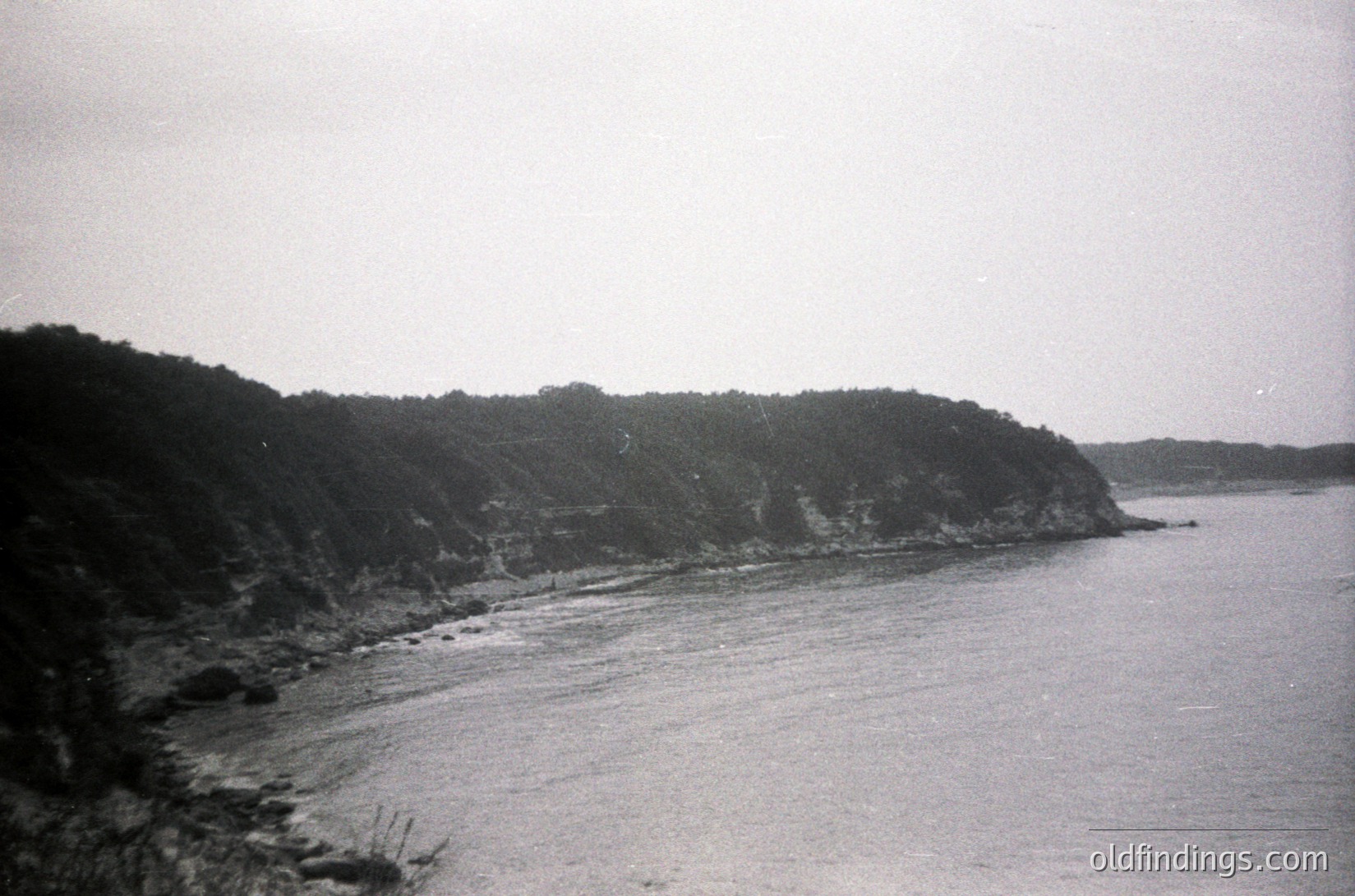 Black-and-white coastal scene featuring jagged cliffs meeting calm waters. Dense forest covers the cliffside, with sparse rocky shoreline below. Overcast sky enhances dramatic lighting. Likely mid-20th century due to monochrome and composition.