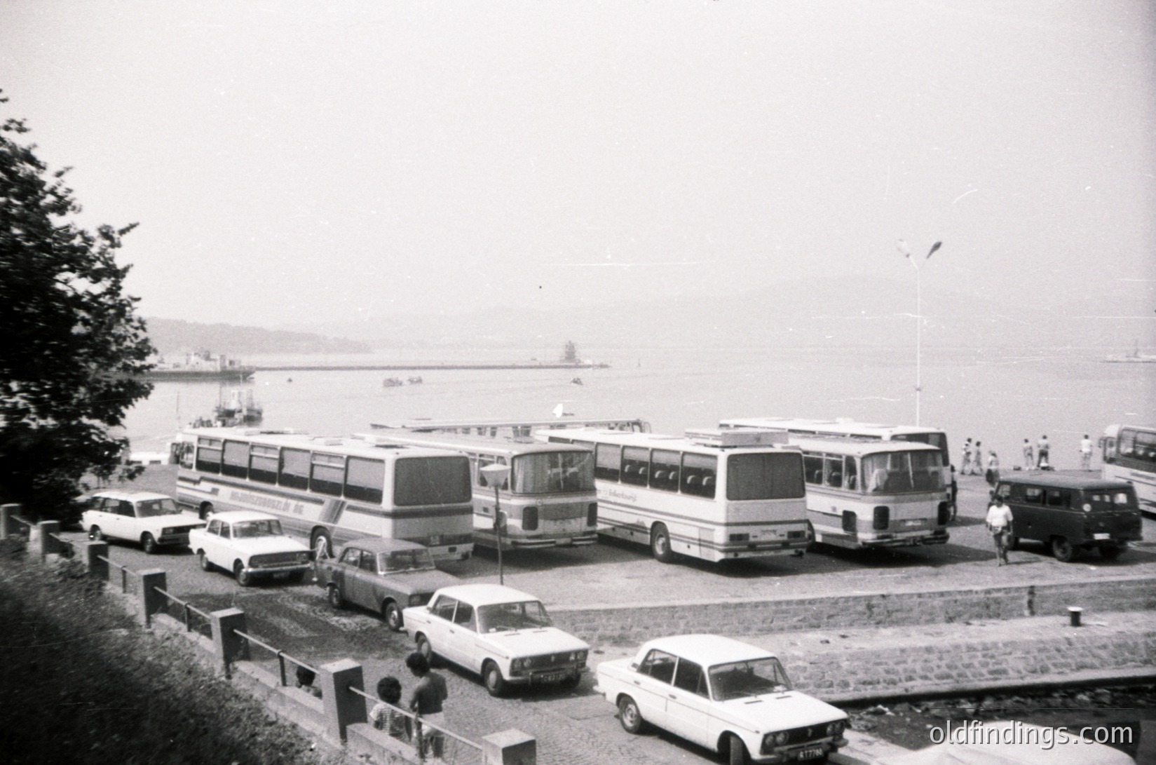 Black-and-white coastal scene featuring a fleet of vintage buses and cars parked along a seaside road, likely a ferry terminal. Prominent mid-century design buses and sedans dominate the frame, with a distant pier and waterfront visible. Overcast skies suggest a cloudy day.