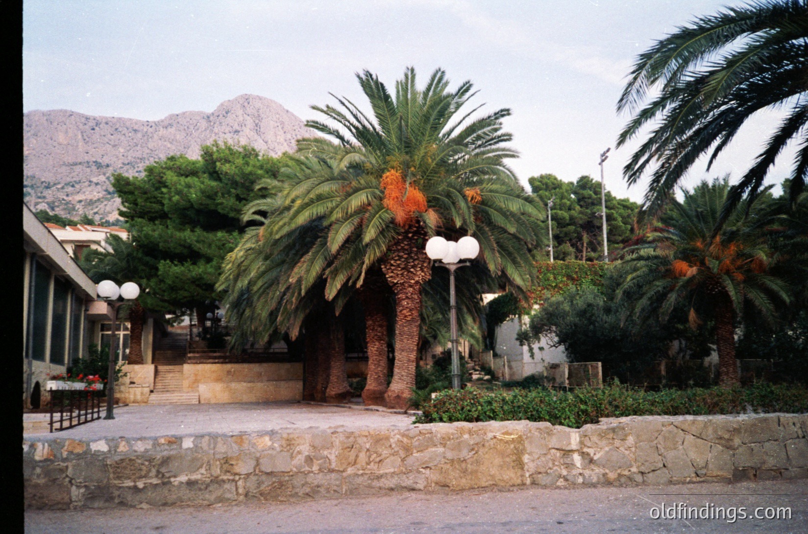 Mediterranean seaside courtyard with stone walls, palm trees, and modernist street lamps. Mountain backdrop suggests coastal Bulgaria. Likely 1990s–2000s era.