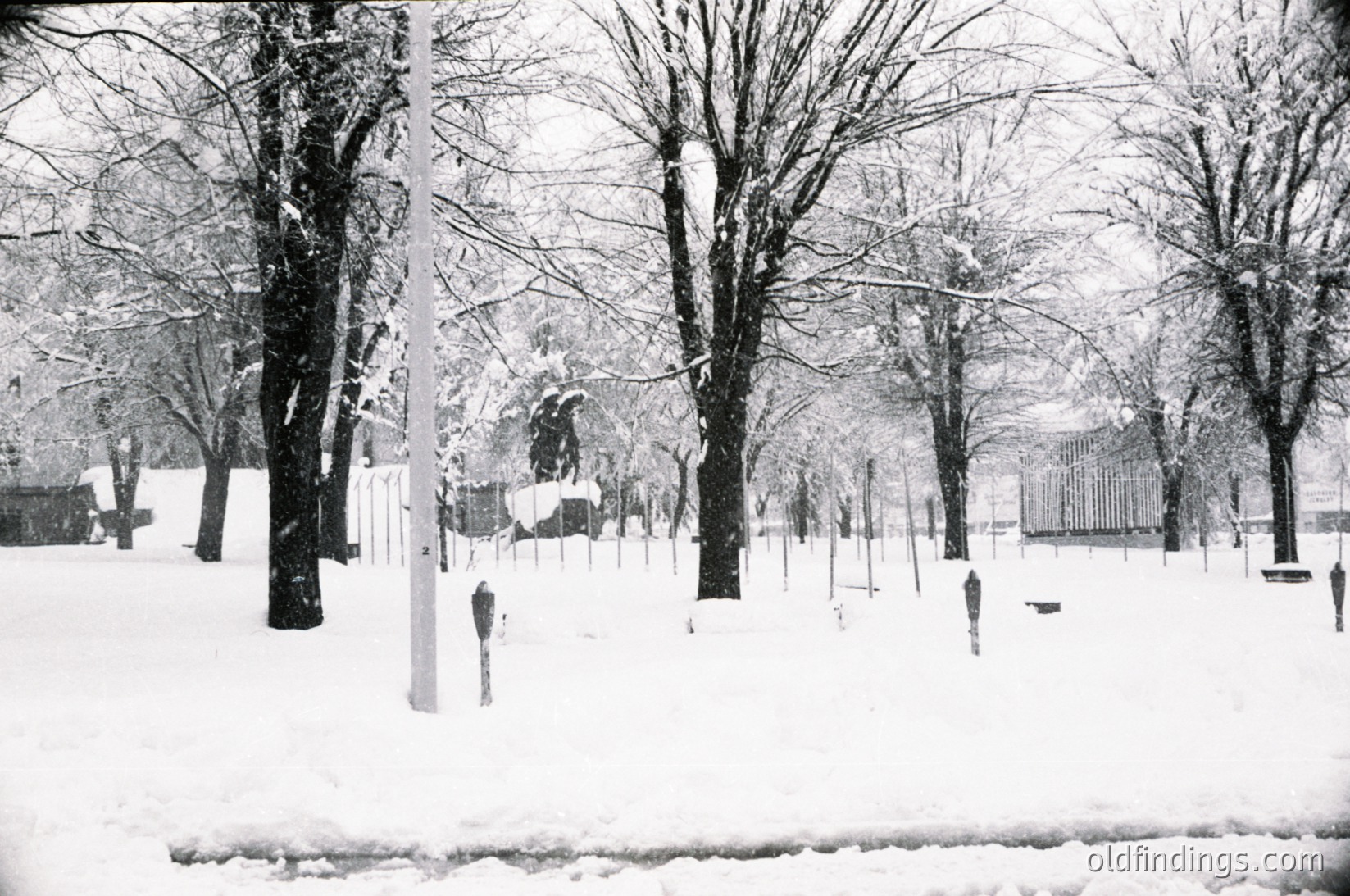 Snow-covered park with leafless trees and a central statue, likely from mid-20th century. Monochrome print suggests vintage or archival quality.