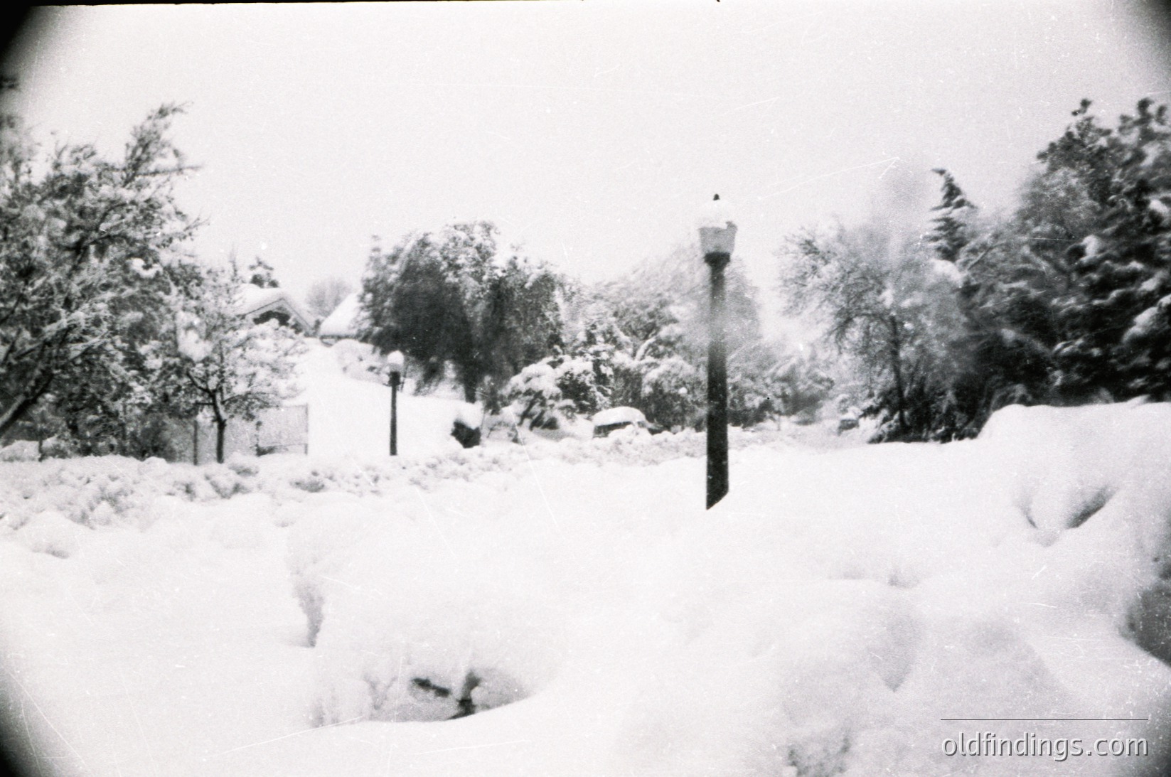 Blurry black-and-white street scene blanketed in deep snow, likely mid-20th century. Snow-covered trees, lampposts, and partially buried cars line a residential road. Snowdrifts obscure sidewalks and pathways, suggesting recent heavy snowfall. Urban winter landscape with muted textures.