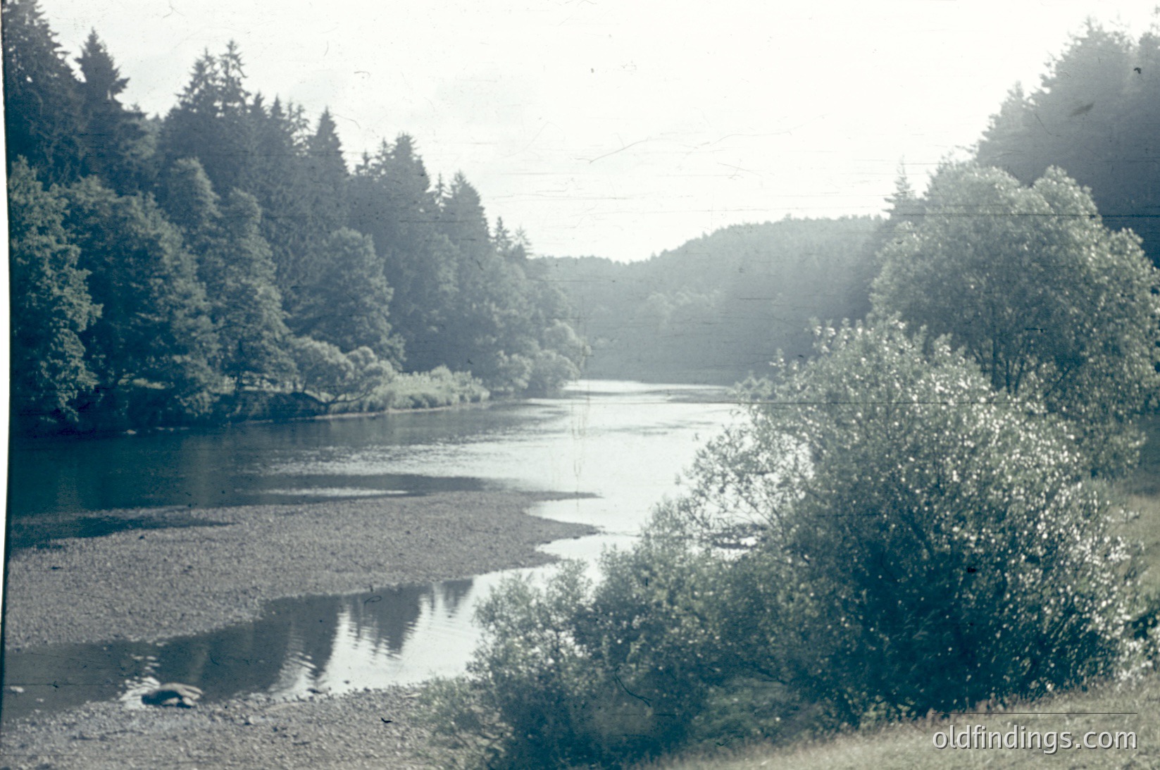 Vintage sepia-toned river scene with dense foliage framing both banks. Sunlight filters through trees, casting reflections on calm water. Likely early-to-mid 20th century based on grain and lighting.