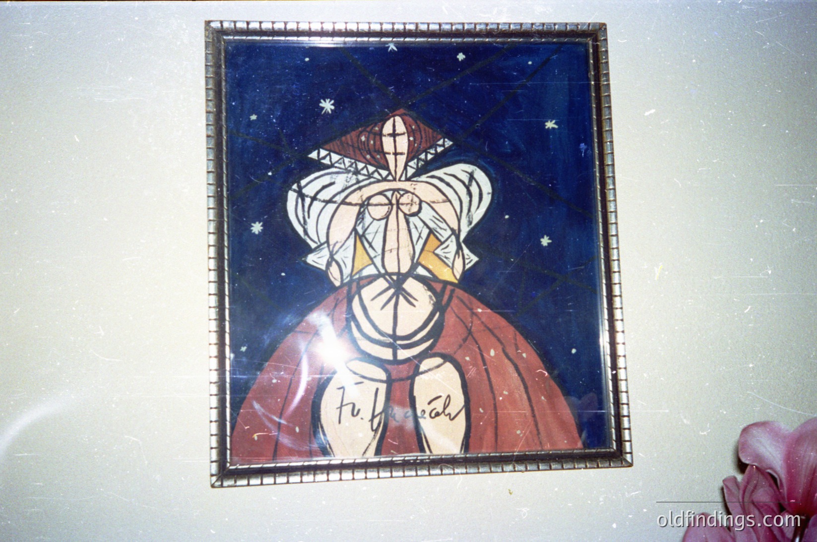 Vintage ceramic tile mural featuring a stylized female figure in a headdress with geometric patterns, set against a dark blue cosmic backdrop. The signature "F. F. Cal" suggests artistic attribution, likely from the mid-20th century. Ideal for interior design, folk art, or cultural studies.