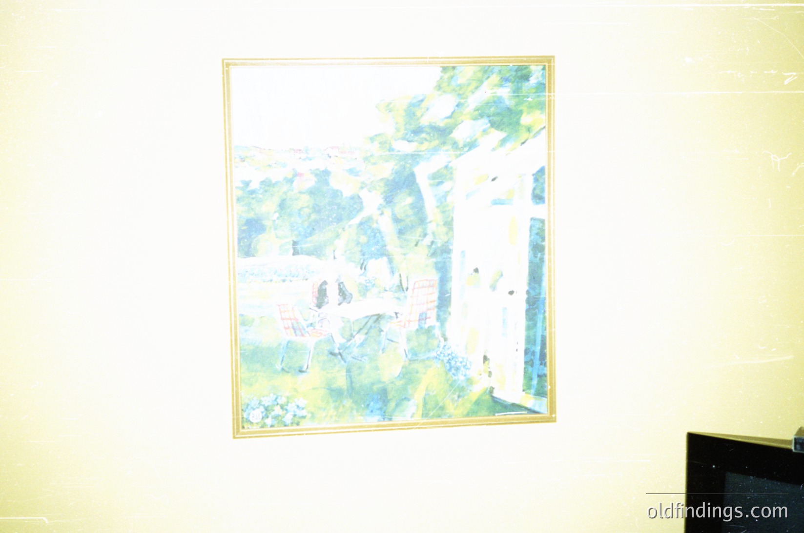 Vintage abstract landscape painting in muted greens and blues, framed in gold. Depicts stylized trees and rolling hills, evoking early 20th-century modernist influences. Ideal for interior design references or art history studies.