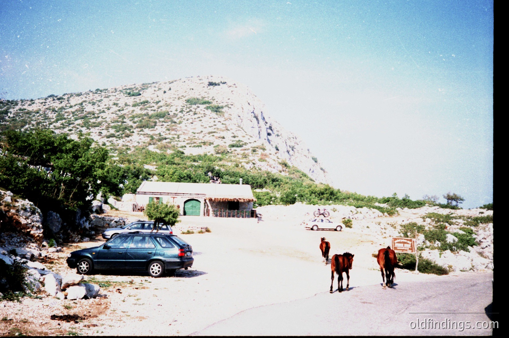Rural Mediterranean roadside scene with rocky hillside backdrop. A small stone building with a red-tiled roof and wooden door sits beside a paved road. Two individuals in red jackets lead a donkey along the path, while parked cars suggest limited tourism. The vintage aesthetic hints at a mid-20th-century setting.