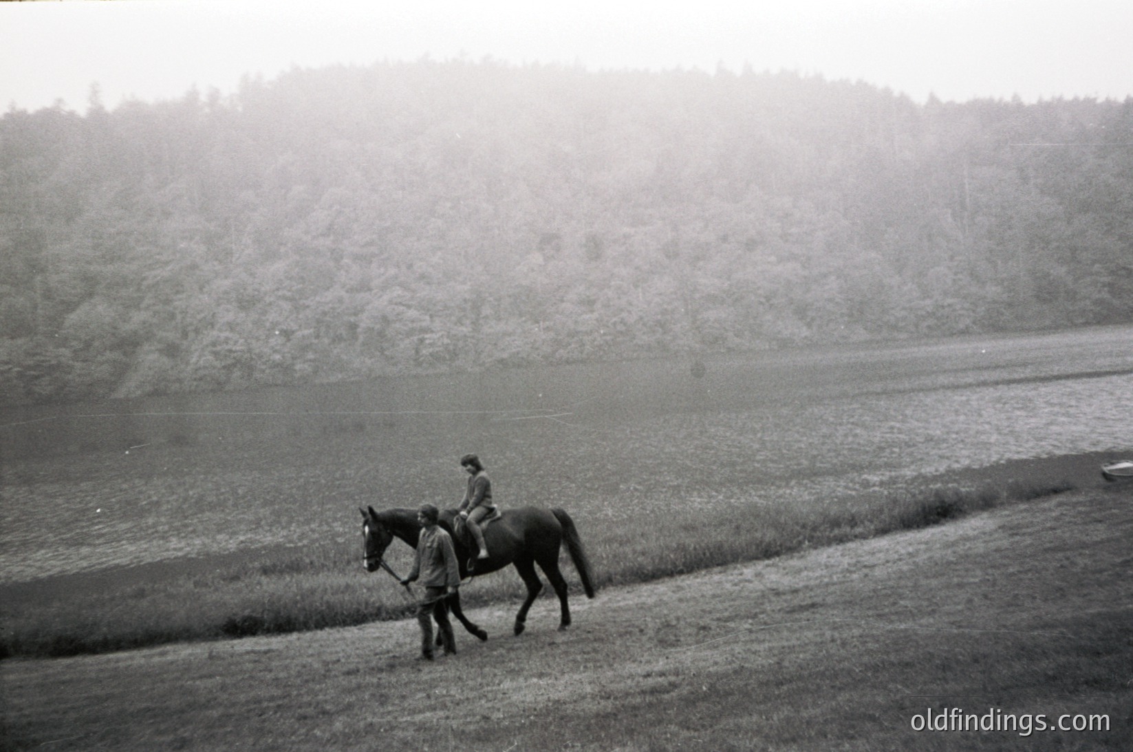 Two riders on horses traverse a misty, rural landscape, likely mid-20th century. The rider in the foreground wears a dark coat and hat, while the second rider, slightly ahead, is in lighter attire. Dense forest and open fields frame the scene, suggesting a countryside setting.
