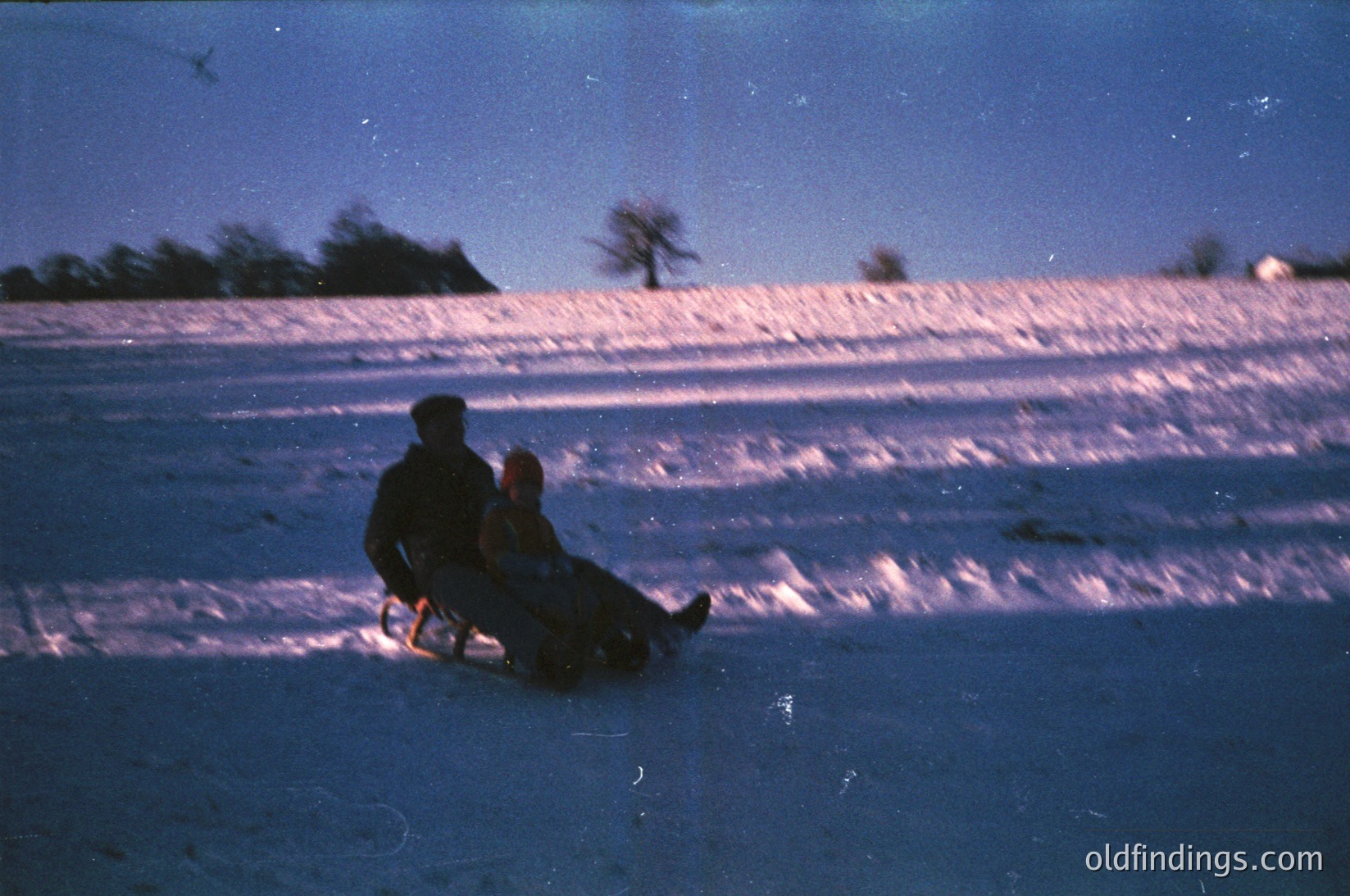 Vintage sledding scene with two figures in a tubular sled on snow-covered ground, framed by winter trees. Warm-toned filter suggests 1960s–1980s film stock. Rural or suburban setting, likely North America/Europe.