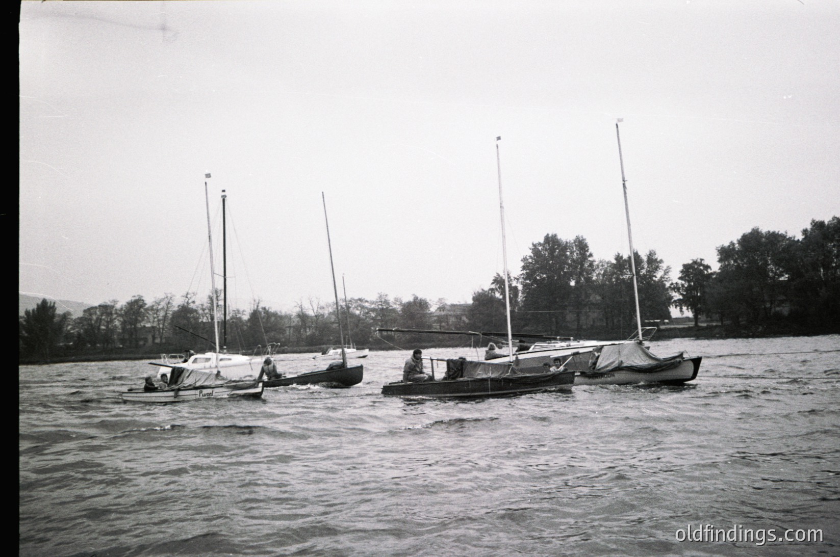Four small sailboats with single masts anchored in calm waters, surrounded by wooded shoreline. Mid-20th century recreational sailing scene, likely 1950s–1960s. *(Note: Geographical precision is speculative; "MidwestUSA" is a broad placeholder for inland waterways.)*