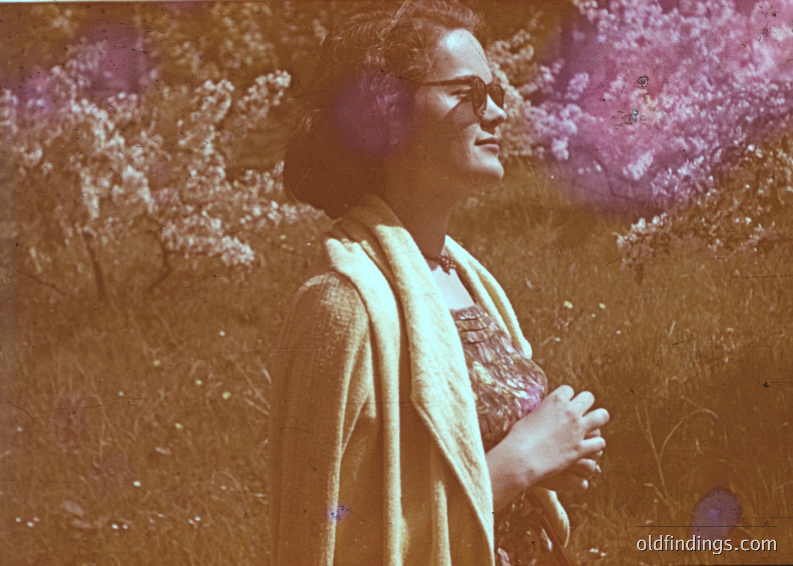 Vintage sepia-toned portrait of a woman in a floral-patterned scarf and light-colored shawl, standing outdoors among wildflowers. Her glasses and short hair suggest mid-20th-century fashion (). Soft focus and warm lighting evoke nostalgia ().